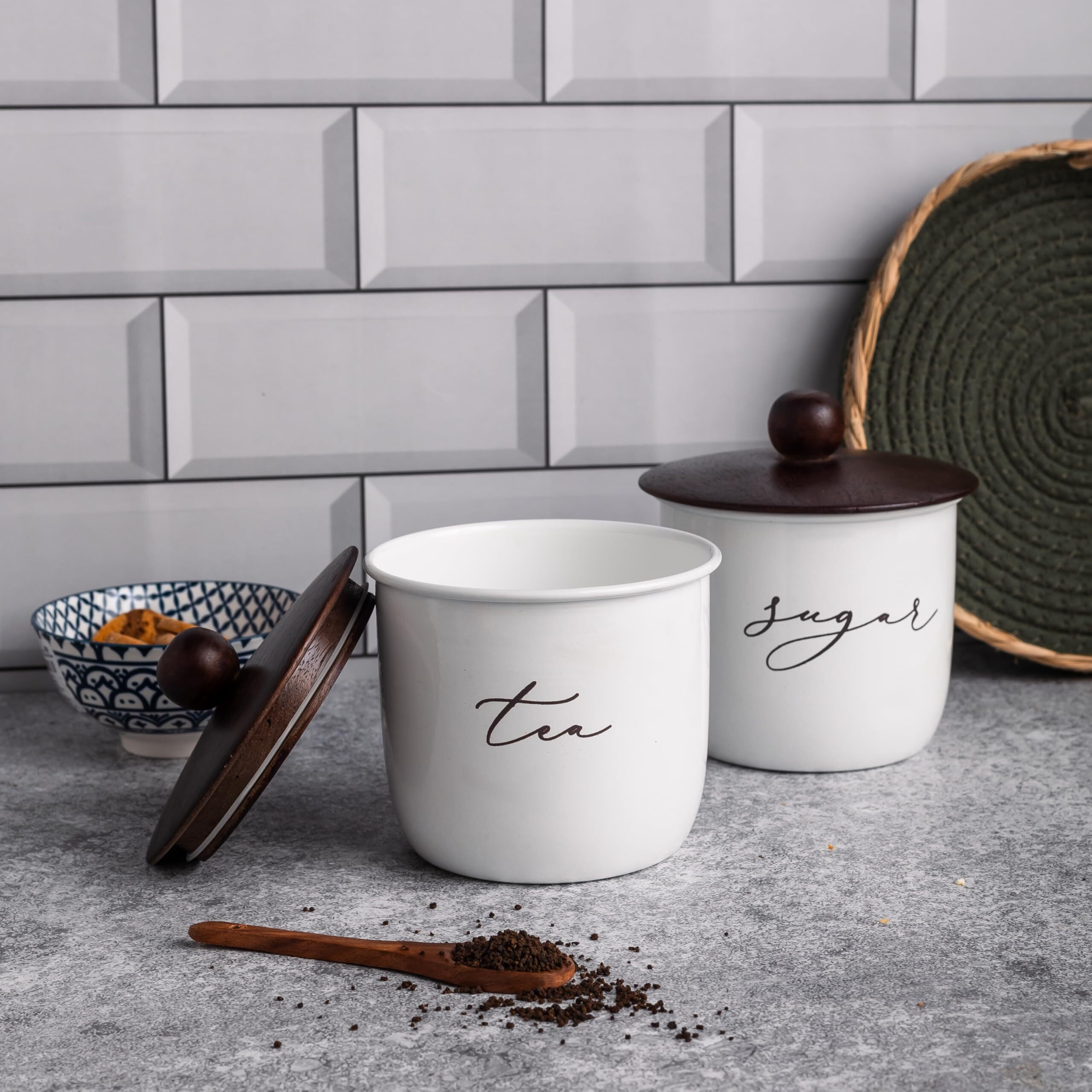 Elegant Airtight Container Set | Sugar Tea Coffee Container Set Of 3 | Metal Container For Kitchen Storage | Wooden Lid Container For Kitchen | Food-Safe Jar Set For Kitchen (White)