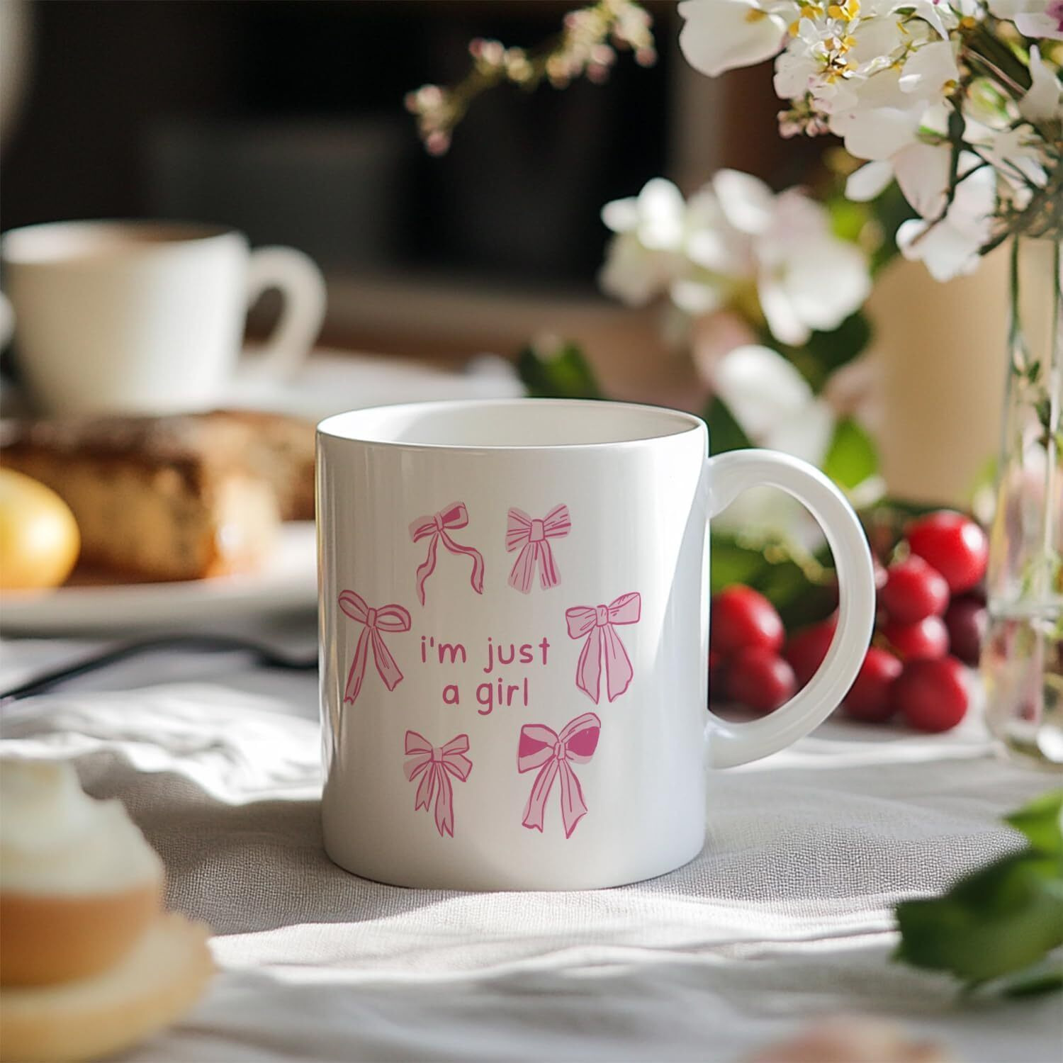 Funkyfinds Beautiful Preppy Coquette Mug Pink Bows Aesthetic Ceramic Coffee Cup, Gift For Women, Girls, Or Teen, Tea, Latte, Or Office Desk Decor I Am Just A Girl Printed Ceramic Coffee Mug (Set Of 1)