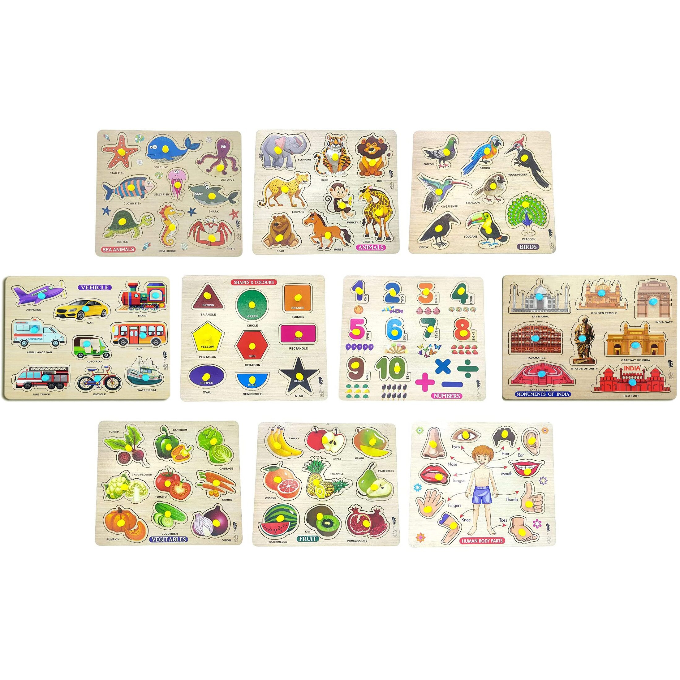 Appster Educational Colorful Animals, Fruits, Vegetables, Birds, Numbers, Body Parts, Shape Color, Vehicle, Monuments India & Sea Animals Wooden Puzzle Toy Kids Learning Toys Board Game (Pack Of 10)