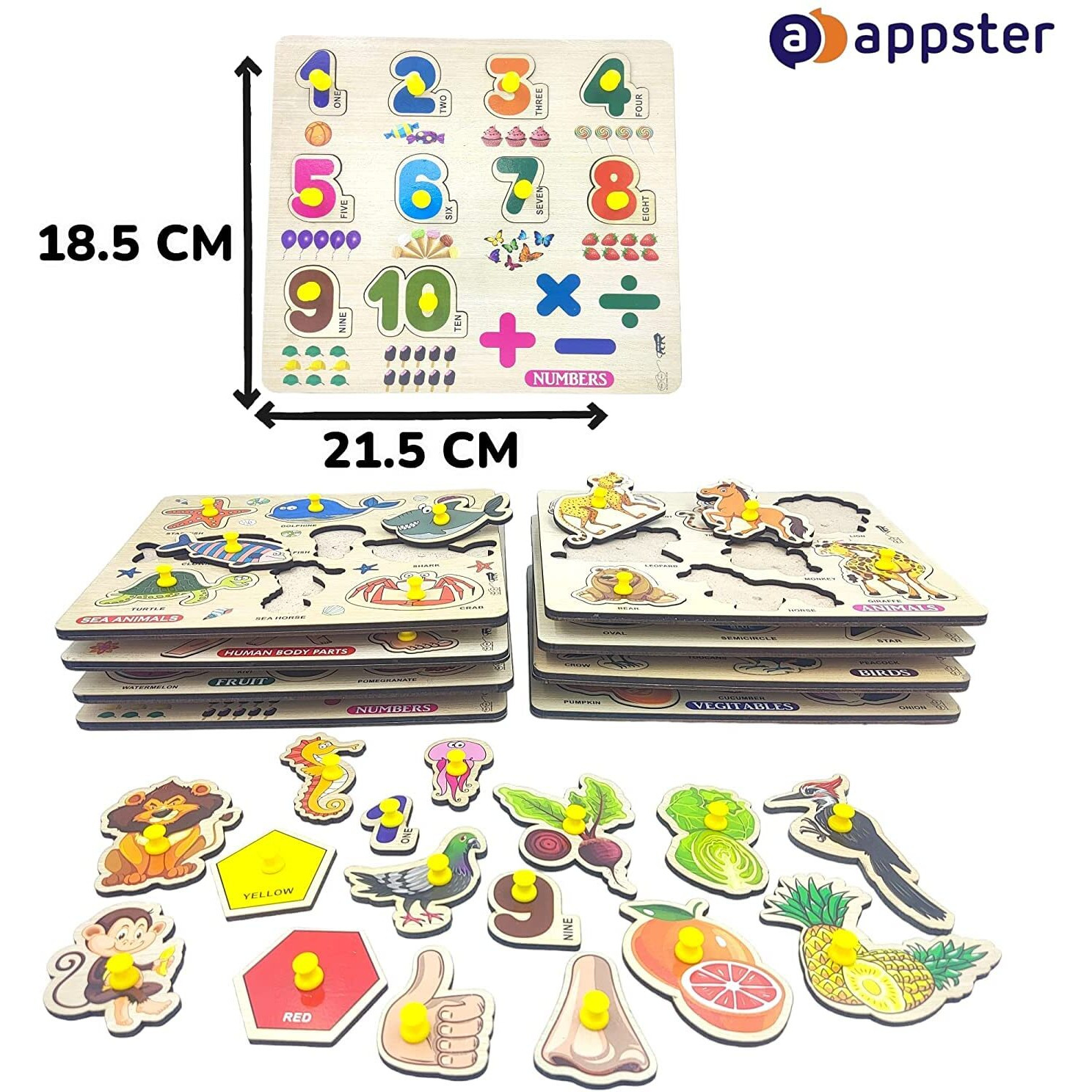 Appster Educational Colorful Animals, Fruits, Vegetables, Birds, Numbers, Body Parts, Shape Color, Vehicle, Monuments India & Sea Animals Wooden Puzzle Toy Kids Learning Toys Board Game (Pack Of 10)