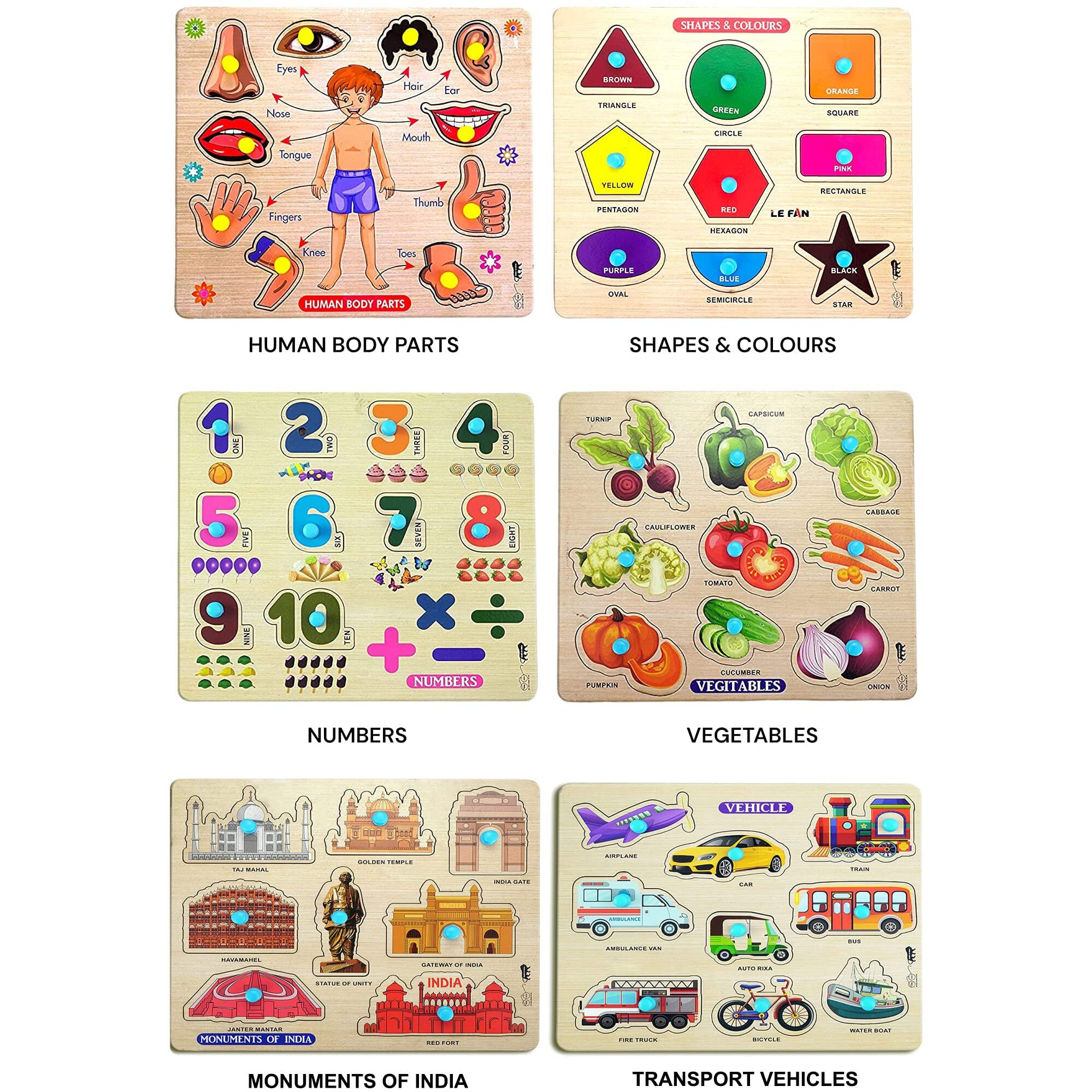 Appster Educational Colorful Animals, Fruits, Vegetables, Birds, Numbers, Body Parts, Shape Color, Vehicle, Monuments India & Sea Animals Wooden Puzzle Toy Kids Learning Toys Board Game (Pack Of 10)