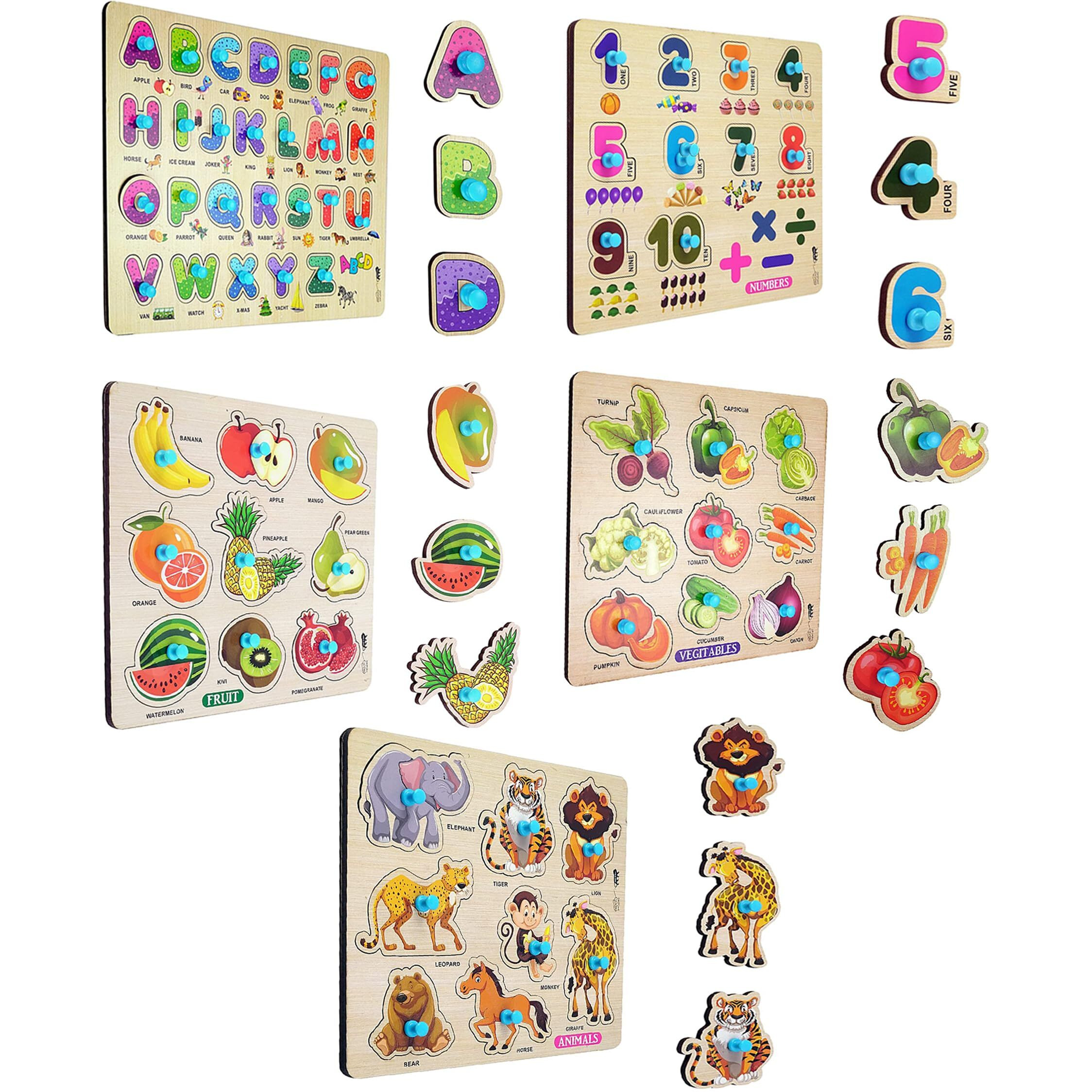 Appster Jumbo Size Animal, Fruits, Vegetables, Abcd & Numbers Wooden Puzzle Toy For Kids Jigsaw Puzzles For Adults Baby Learning Educational Toys Board Game (Pack Of 5) (Jumbo Size)