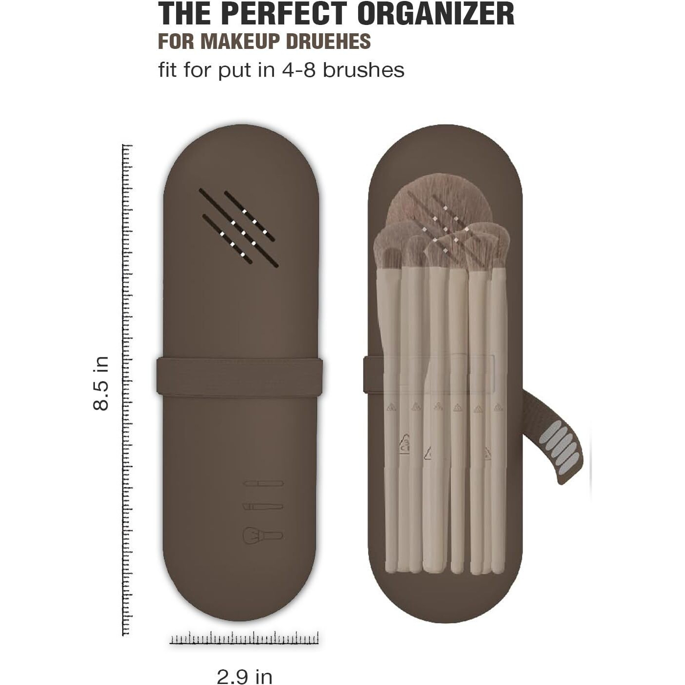 Sokt Cosmetic Makeup Brush Organizer Pouch - Silicone Large Beauty Face Brushes Case Holder For Travel (Coffee), Brown