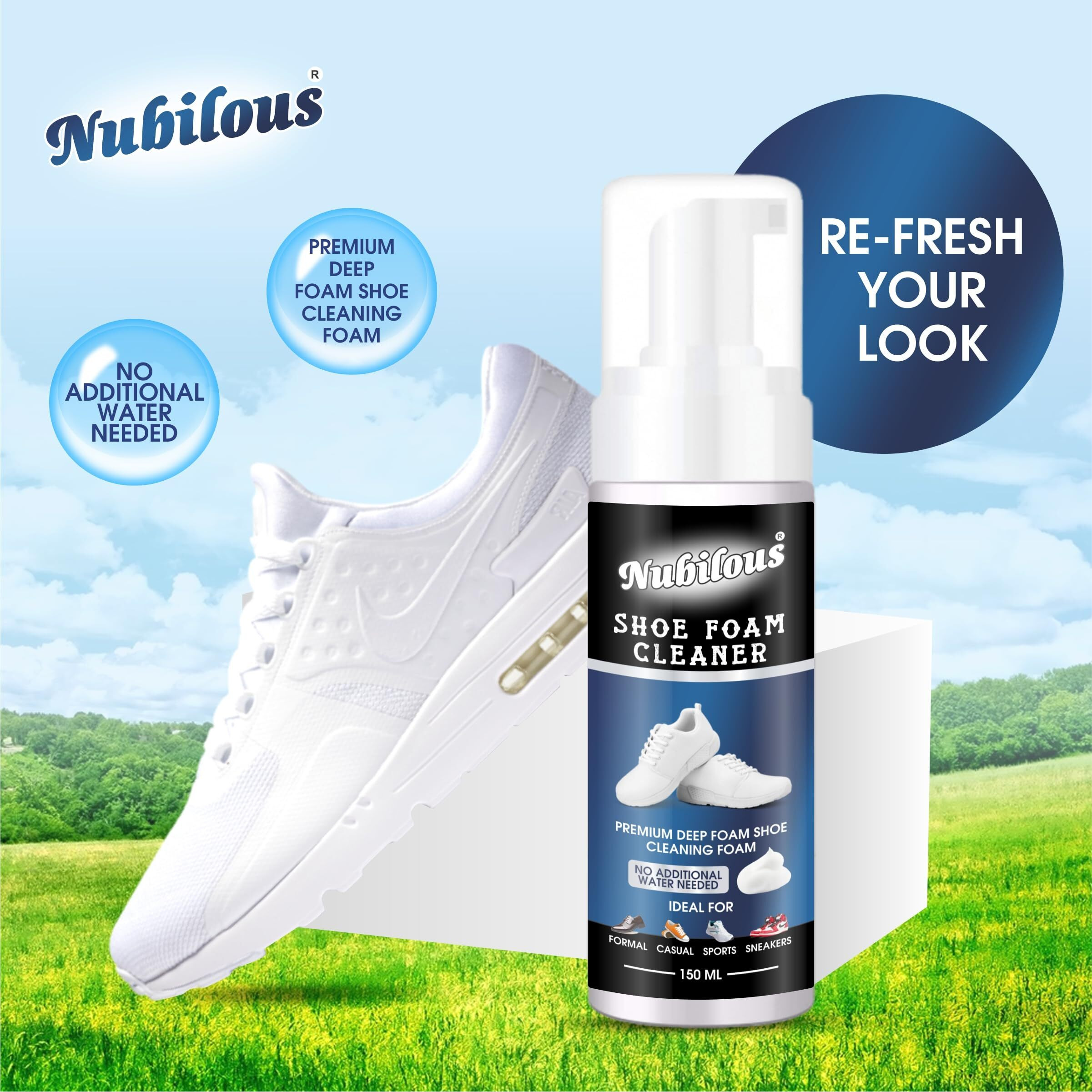 Nubilous Shoe Sneaker Cleaner For White Shoes | Foam Sneaker Cleaning Kit | Suitable For Nubuck, Canvas, Knit, Trainers & Sports Shoes |With Brush, Microfibre Cloth & Refill Bottle (Shooes Cleaner)