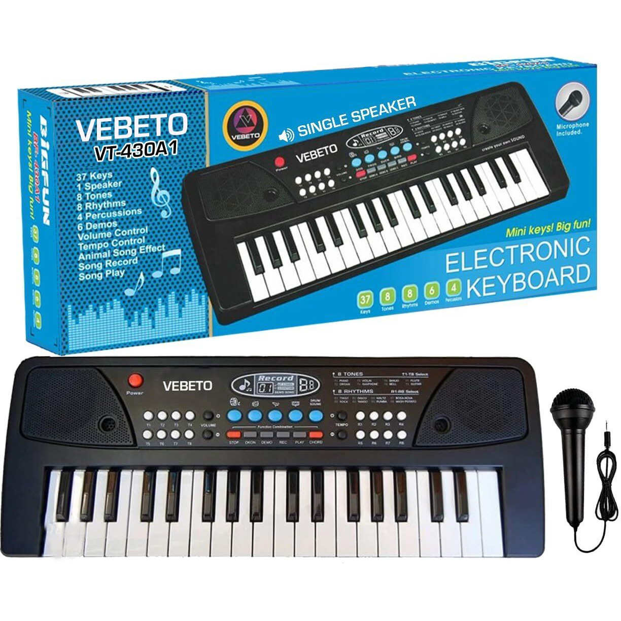 Vebeto Kids Piano With Mic (1 Year Warranty) 37 Keys 8 Rhythms 8 Tones 6 Demos Portable Electronic Keyboard Toy Beginners Educational Songs Recording Musical Toys Age 3 To 5 Years Boys Girls