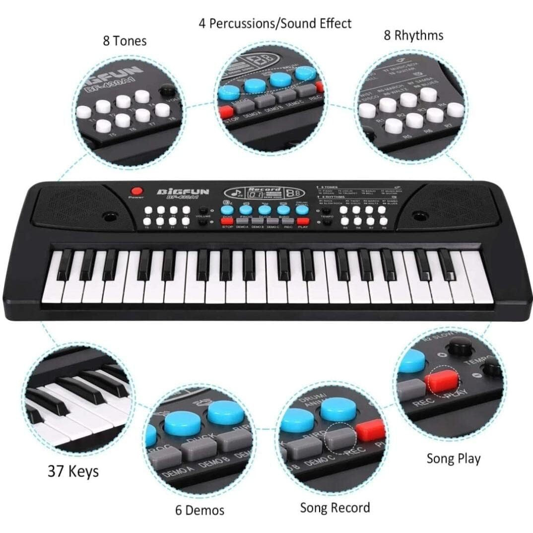 Vebeto Kids Piano With Mic (1 Year Warranty) 37 Keys 8 Rhythms 8 Tones 6 Demos Portable Electronic Keyboard Toy Beginners Educational Songs Recording Musical Toys Age 3 To 5 Years Boys Girls