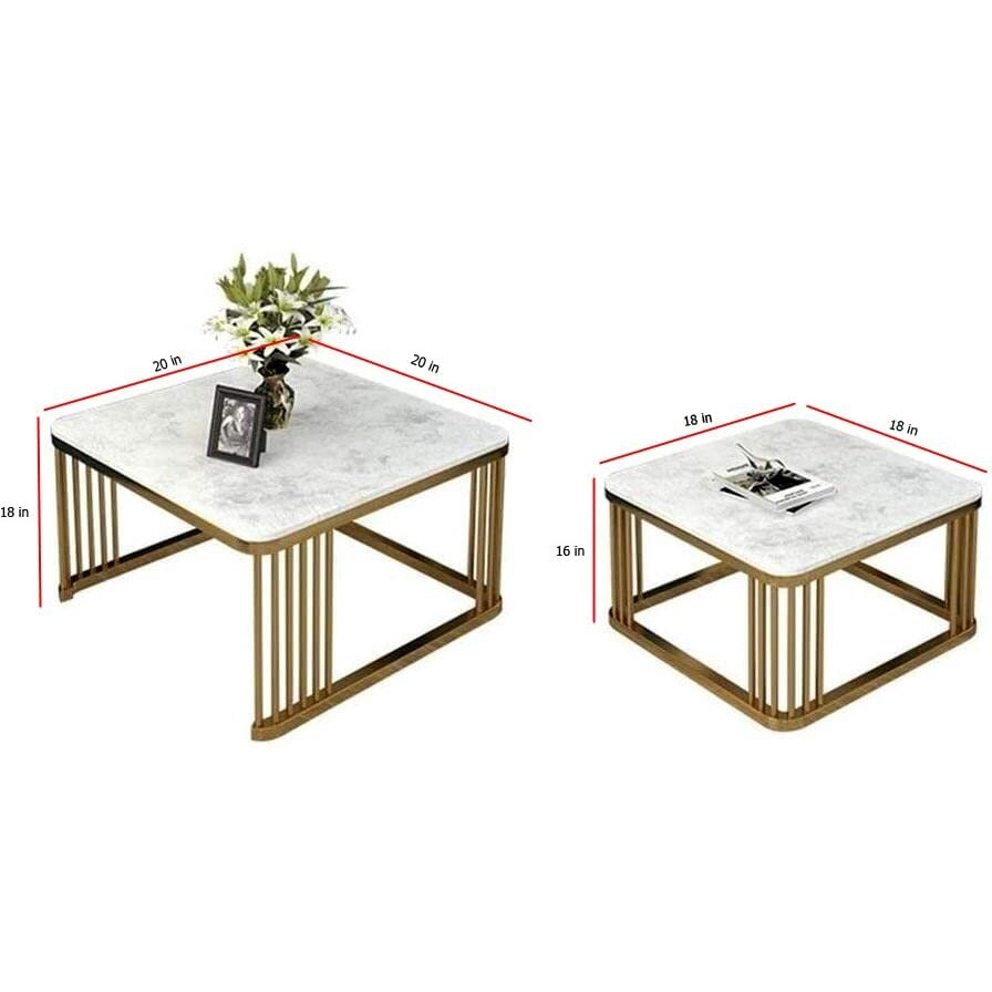 Rizik Store Iron Frame Handmade Square 20&quotX20" Coffee Table/Nesting Table/Side Table/Center Table With Marble Mdf White Top For Living Room/Drawing Room/Balcony Gold (White) (Set Of 2)