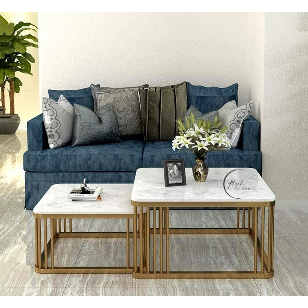Rizik Store Iron Frame Handmade Square 20&quotX20" Coffee Table/Nesting Table/Side Table/Center Table With Marble Mdf White Top For Living Room/Drawing Room/Balcony Gold (White) (Set Of 2)