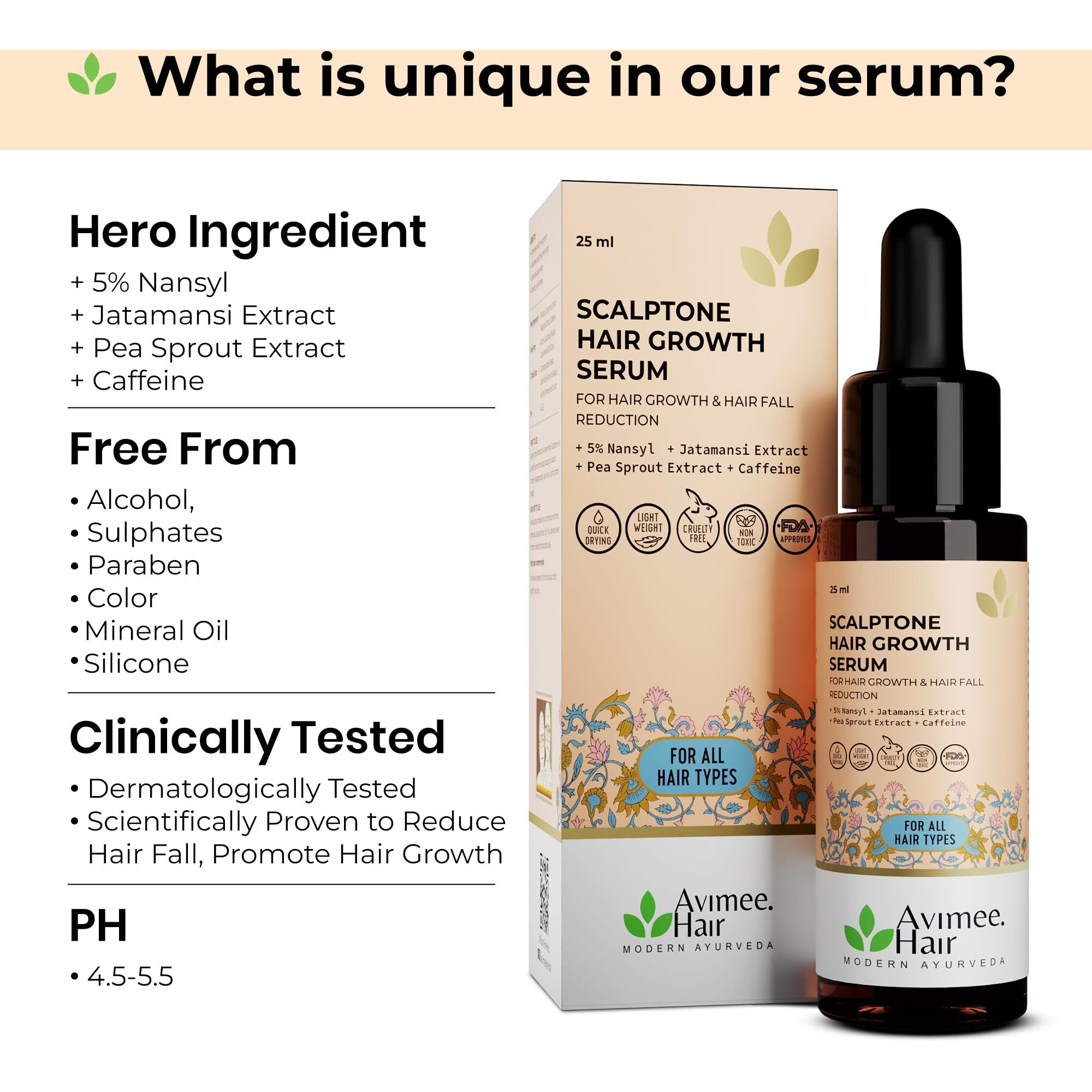 Avimee Herbal Scalptone Hair Growth Serum | Scientifically Proven Formula | Enriched With Nansyl & Green Tea Extract | For Hair Growth & Hair Fall Reduction | 25 Ml