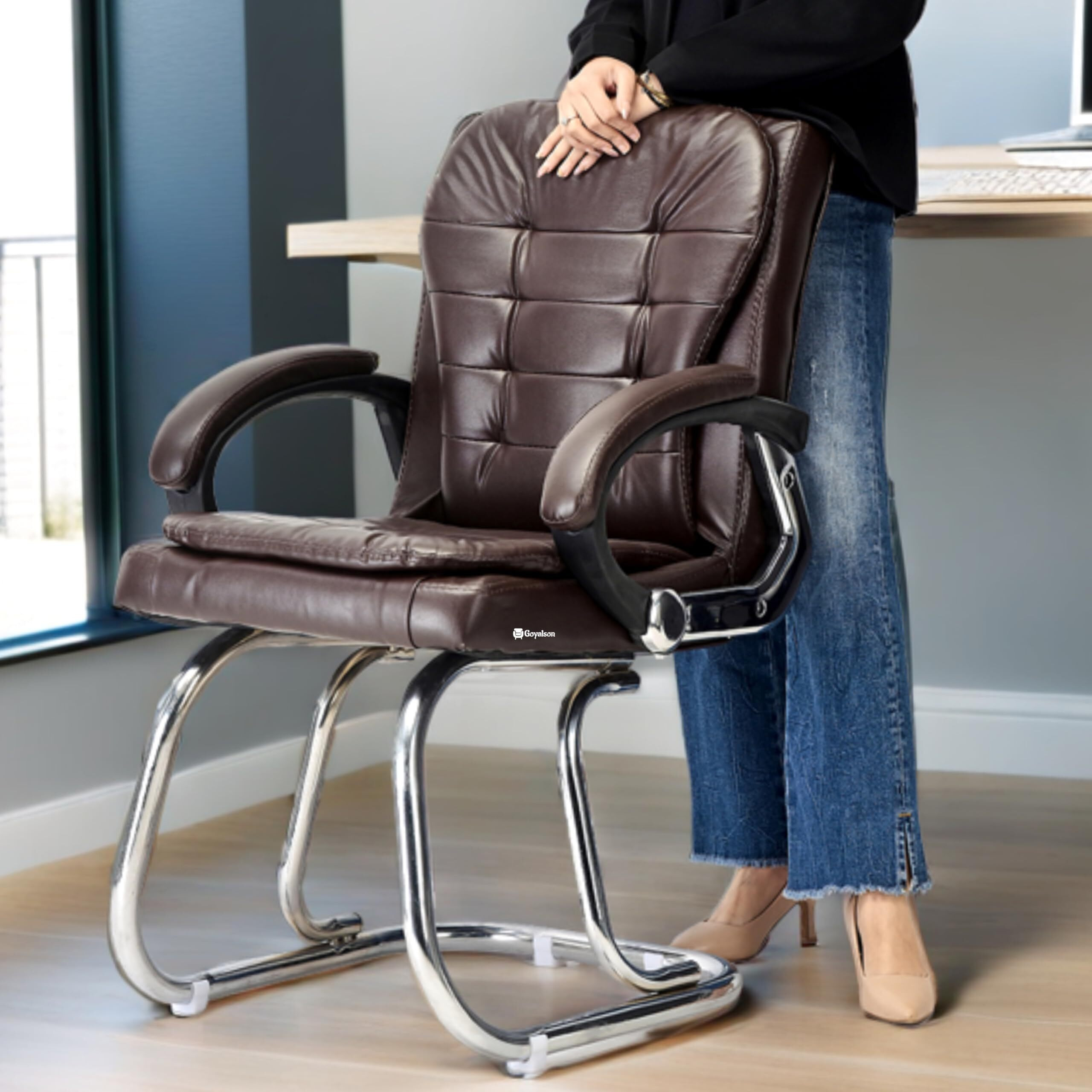Ratison Stainless Steel Special Director Principal Manager Office Visitor Study Chair With Arm Rest With Double Pipe Frame And Cushioned Seat Back (1, Coffee, Double Pipe Frame)