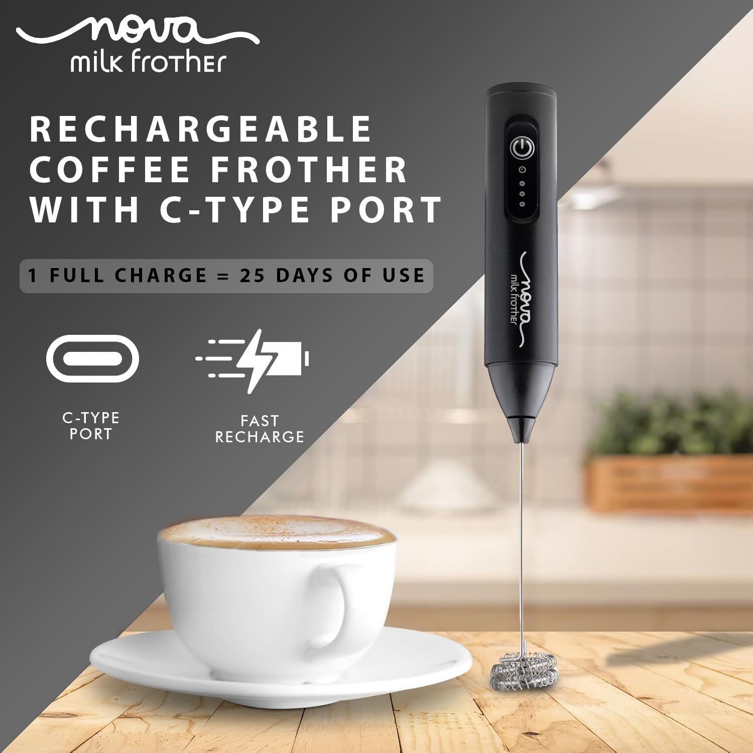 Nova Rechargeable Milk Frother & Coffee Whisker With Dual Spring Tech | 1 Year Replacement Warranty | Free Coffee Frothing Recipe Book