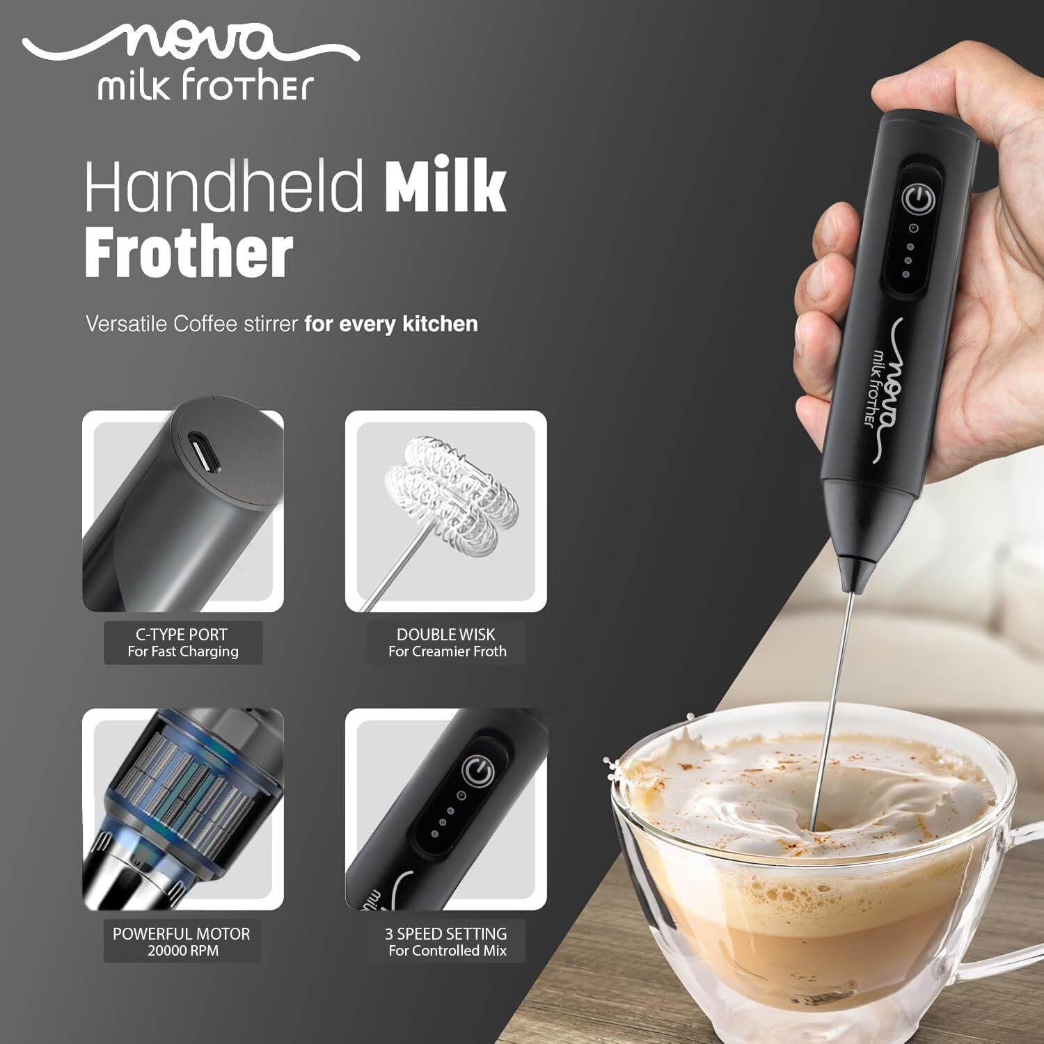 Nova Rechargeable Milk Frother & Coffee Whisker With Dual Spring Tech | 1 Year Replacement Warranty | Free Coffee Frothing Recipe Book