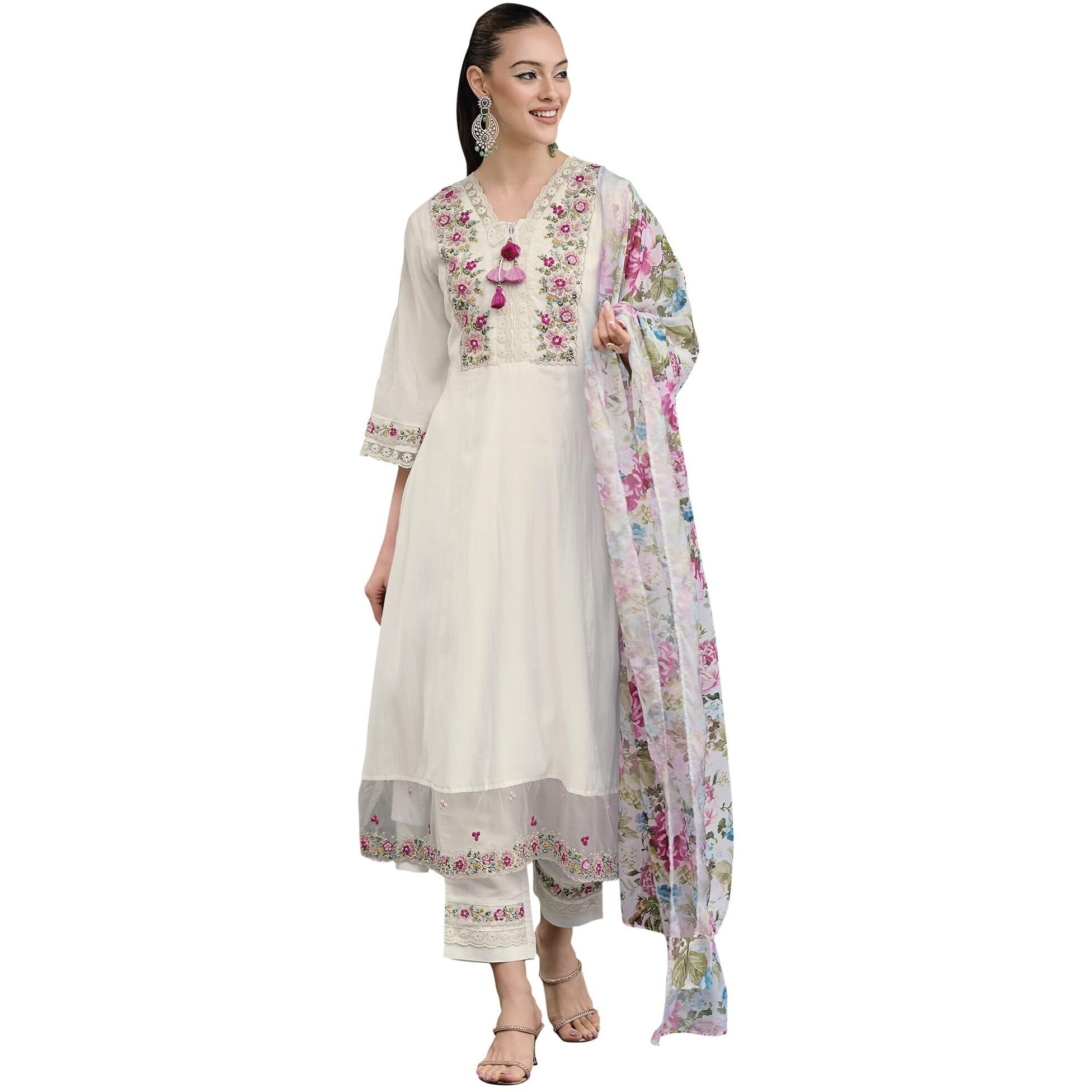 Indo Era Women's White Embroidered Silk Blend A-Line Kurta Trouser With Dupatta Set (Ieout7379_X-Large)