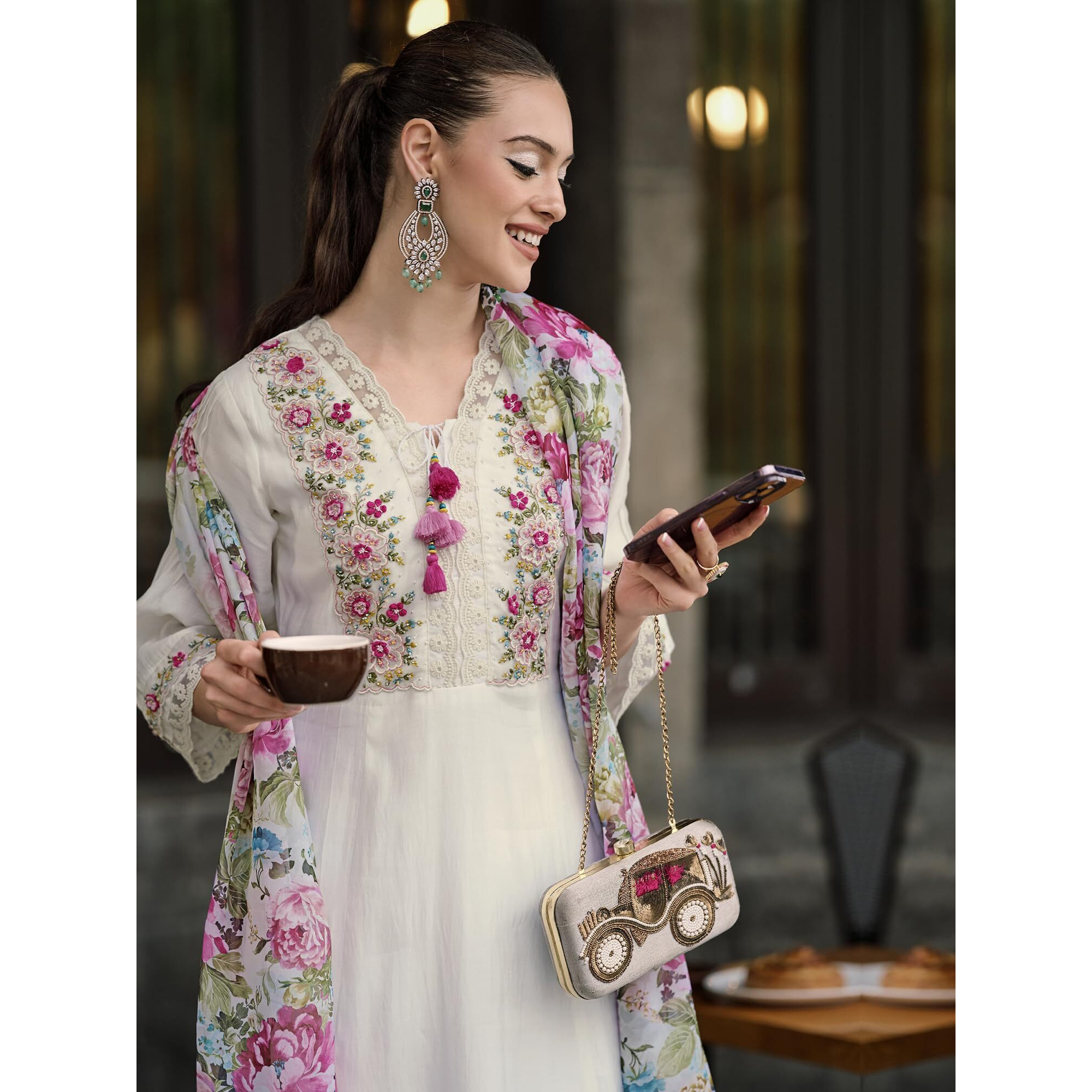 Indo Era Women's White Embroidered Silk Blend A-Line Kurta Trouser With Dupatta Set (Ieout7379_X-Large)