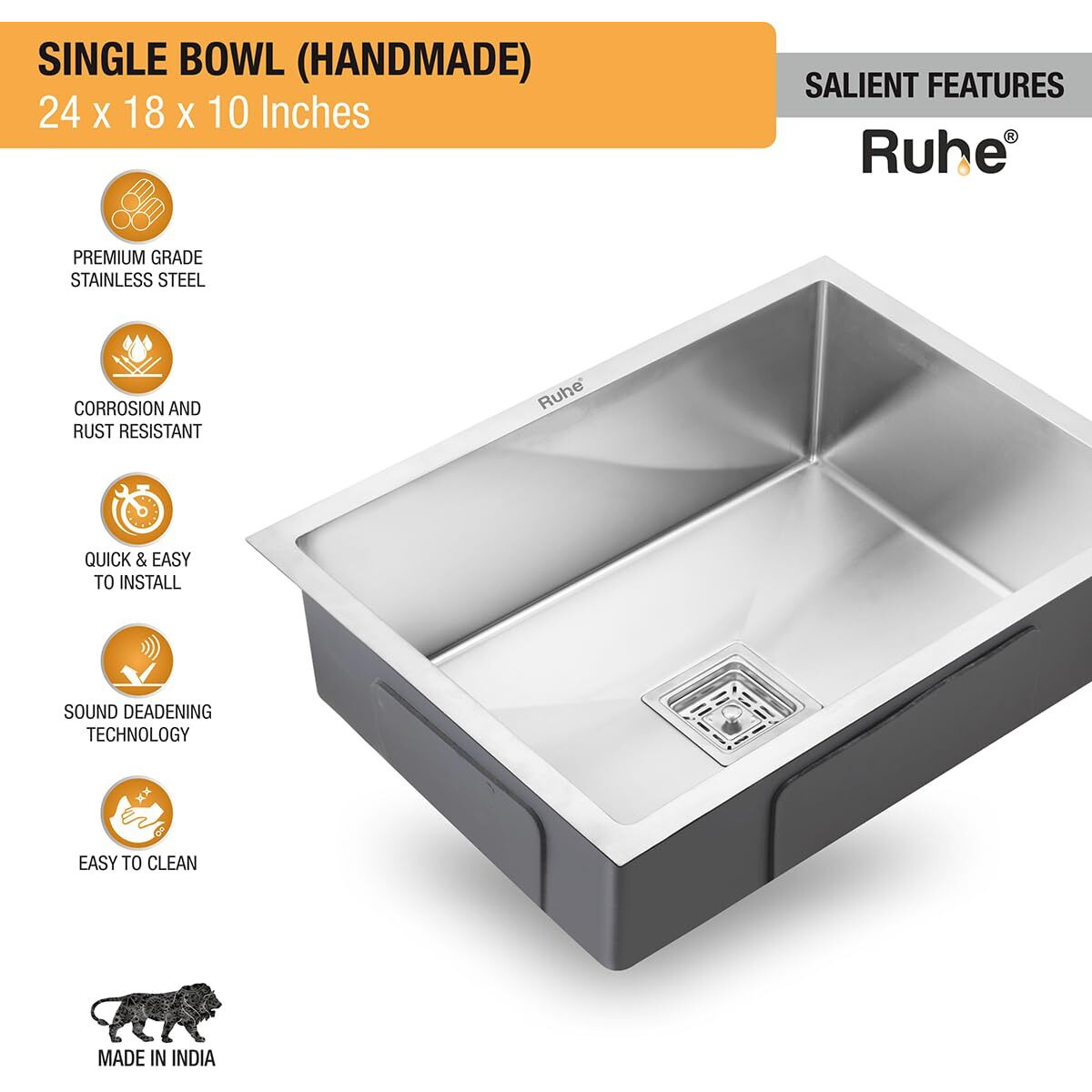 Ruhe Handmade Exclusive Single Bowl 24X18X10 Inches Kitchen Sink | Premium Stainless Steel Sink With Brushed Matte Finish | Including Strainer-Basket/Sink Coupling/Waste Pipe- Grey | Without Faucet