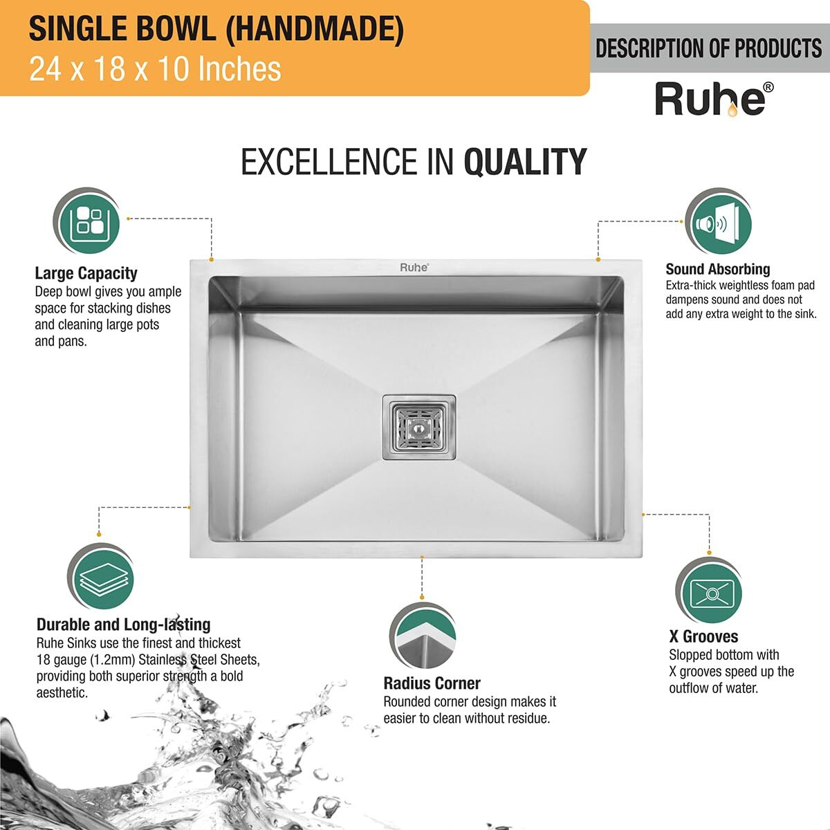 Ruhe Handmade Exclusive Single Bowl 24X18X10 Inches Kitchen Sink | Premium Stainless Steel Sink With Brushed Matte Finish | Including Strainer-Basket/Sink Coupling/Waste Pipe- Grey | Without Faucet