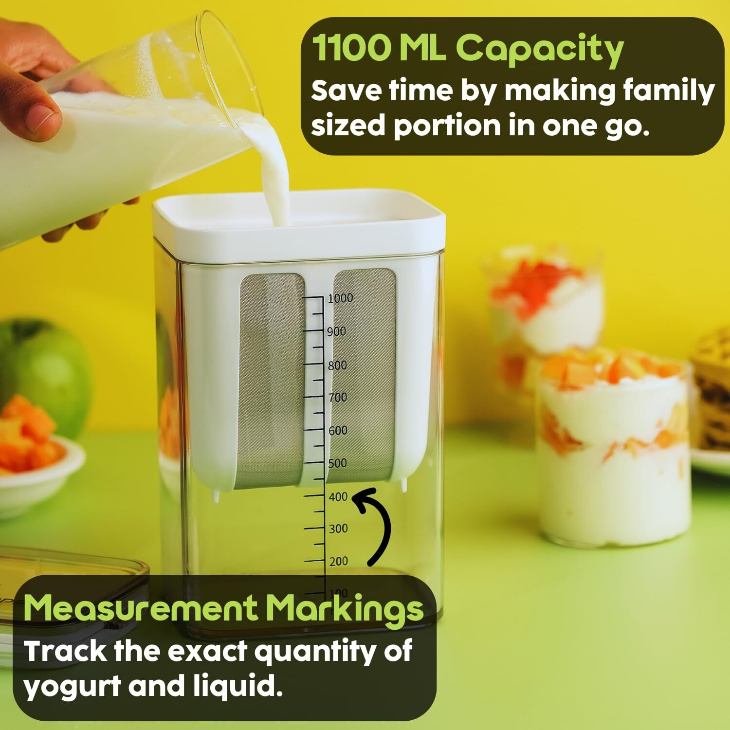 Instacuppa Greek Yogurt Strainer, 1100Ml Multi Yoghurt Maker Strainer With Fine Mesh Bag & Lid For Thick Greek Yogurt, Soybean Milk, Kefir, Berries, Soup, Fruit Juice, Coffee