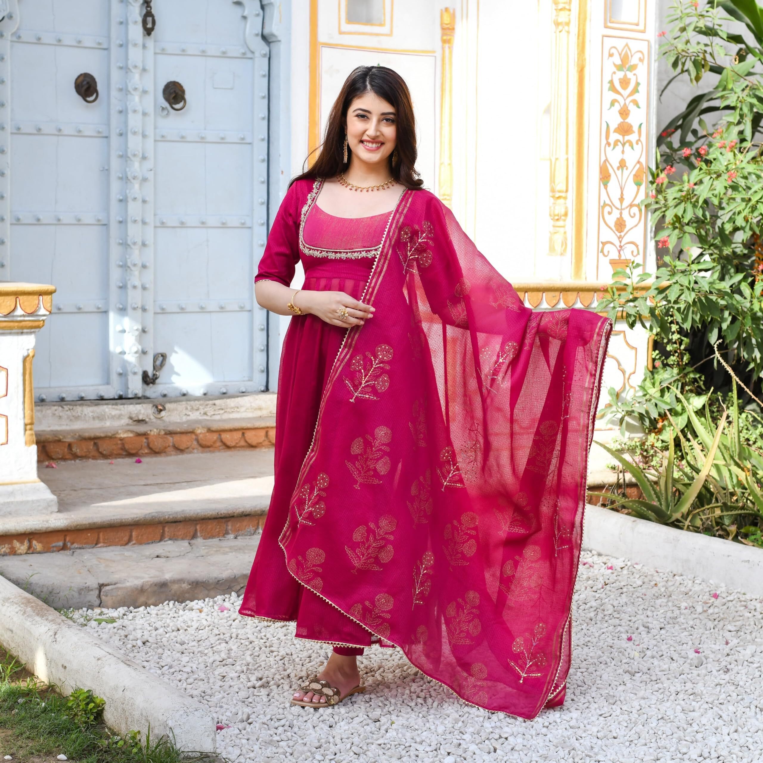 Gosriki Women's Rayon Blend Anarkali Embroidered Kurta With Pant & Dupatta (Aparnaa Pink-Gs_L_Pink_Large)