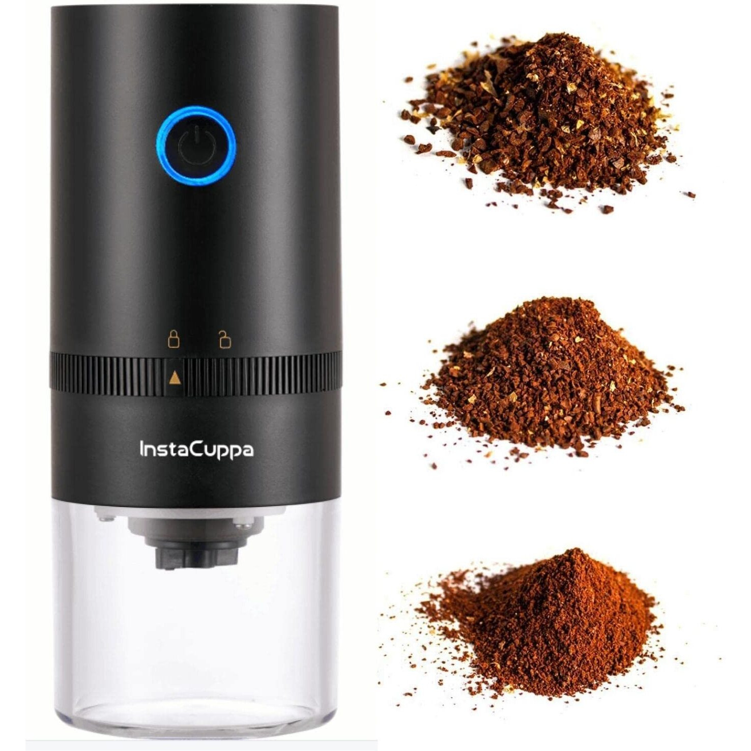 Instacuppa Rechargeable Coffee Bean Grinder With Ceramic Conical Burr Mill, One Click Operation, 5 Adjustable Grind Settings, Airtight Bottom Canister (18/8 Steel)