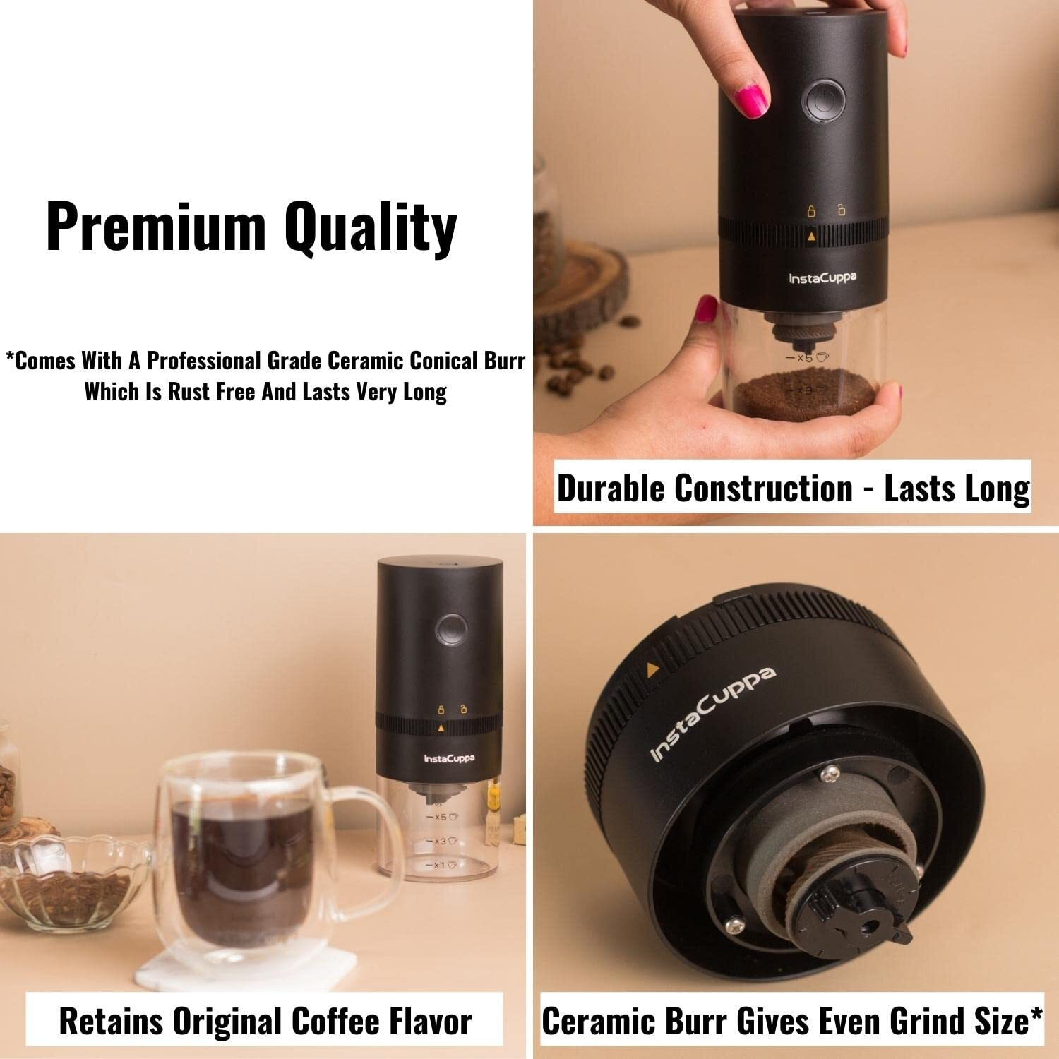 Instacuppa Rechargeable Coffee Bean Grinder With Ceramic Conical Burr Mill, One Click Operation, 5 Adjustable Grind Settings, Airtight Bottom Canister (18/8 Steel)