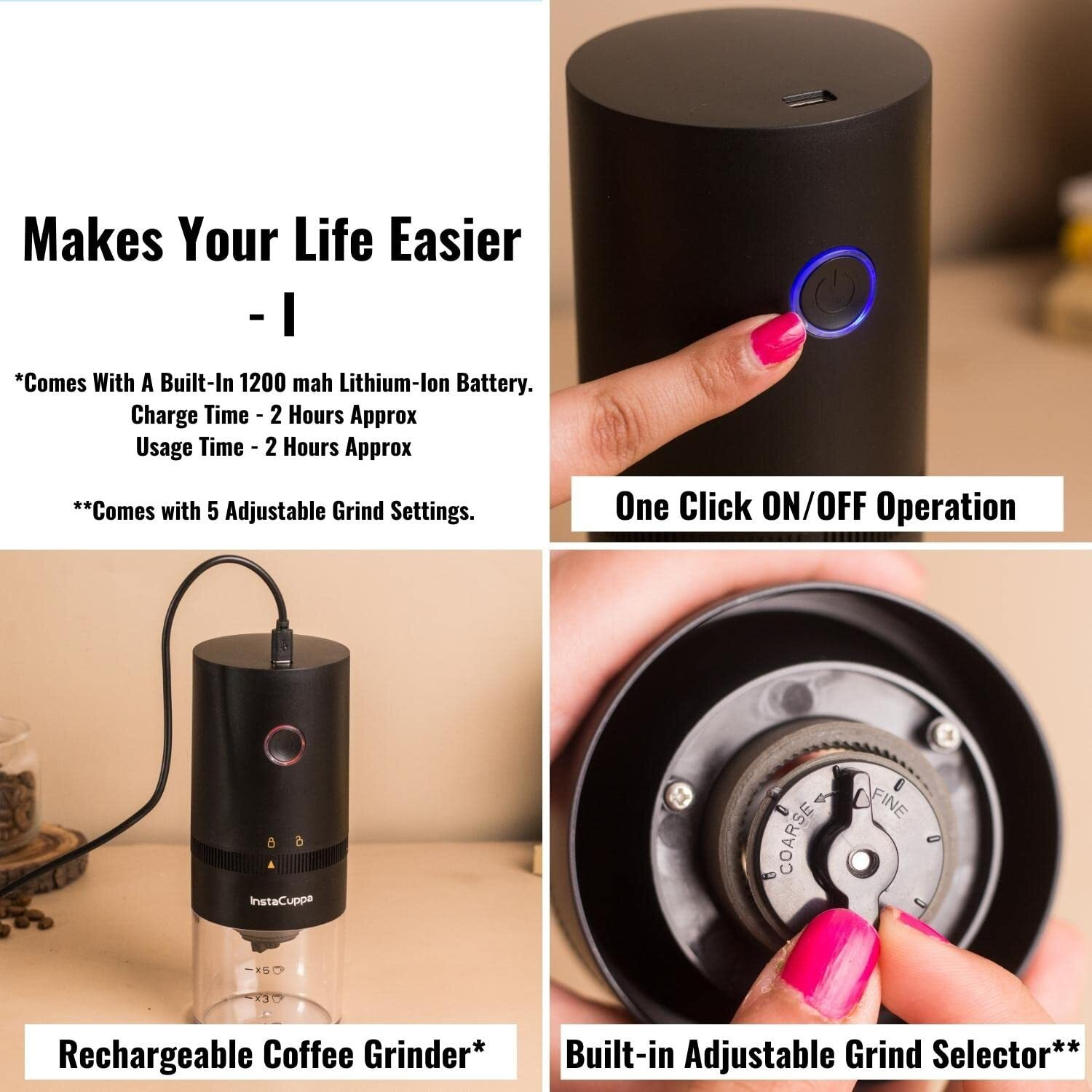 Instacuppa Rechargeable Coffee Bean Grinder With Ceramic Conical Burr Mill, One Click Operation, 5 Adjustable Grind Settings, Airtight Bottom Canister (18/8 Steel)