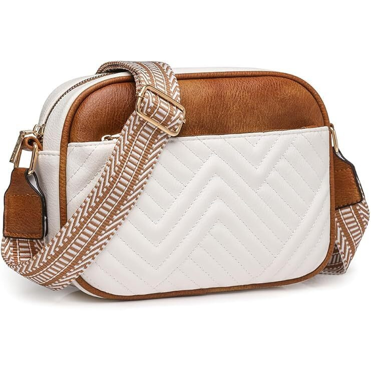 Inovera (Label) Faux Leather Sling Bag For Women - Girls Travel Crossbody Bags With Adjustable Strap - Ladies Shoulder Purse Stylish Handbag (White And Brown)