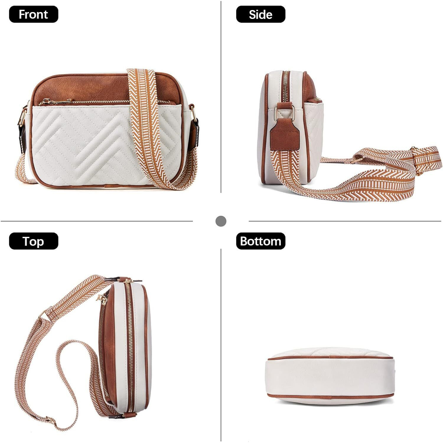 Inovera (Label) Faux Leather Sling Bag For Women - Girls Travel Crossbody Bags With Adjustable Strap - Ladies Shoulder Purse Stylish Handbag (White And Brown)