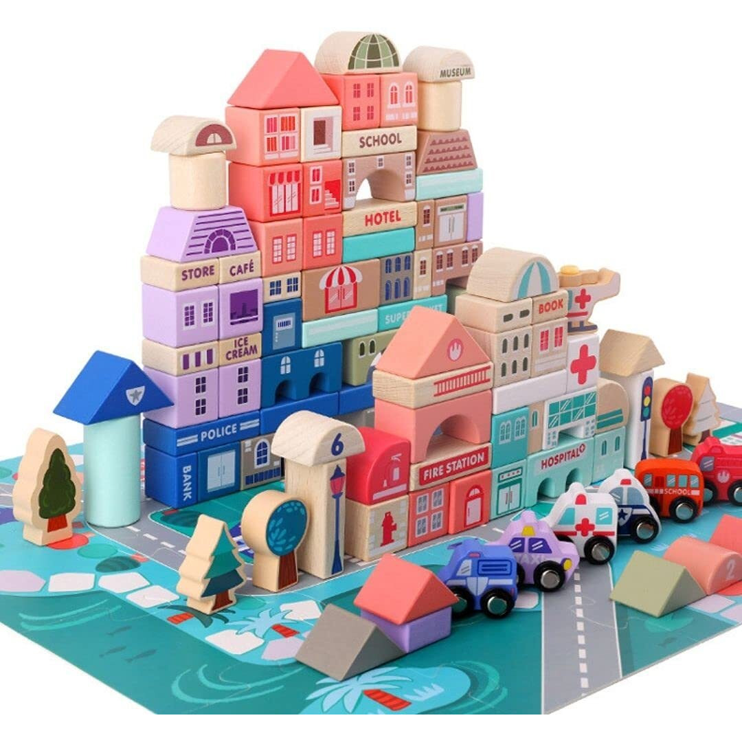Nesta Toys - 115 Pieces Wooden City Building Blocks | Stacking Educational Toys |Building Toys For Creative Play (3+ Years Kids)