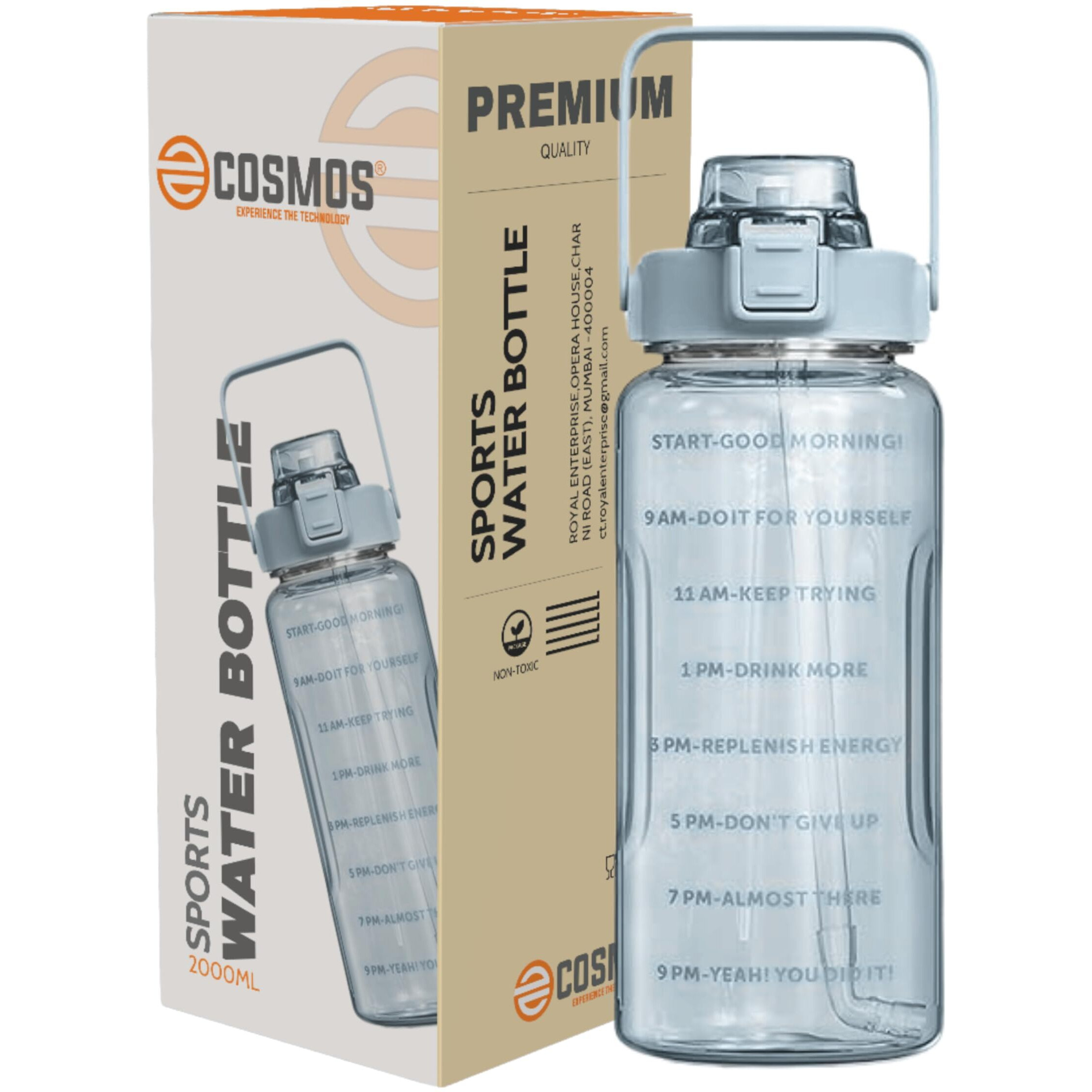 E-Cosmos 2L Capacity Belt Straw Transparent Motivational Water Bottle For Office, School, College & Gym Time Marker Leak Proof & Break-Proof Bpa-Free Sports Bottle, Multicolor