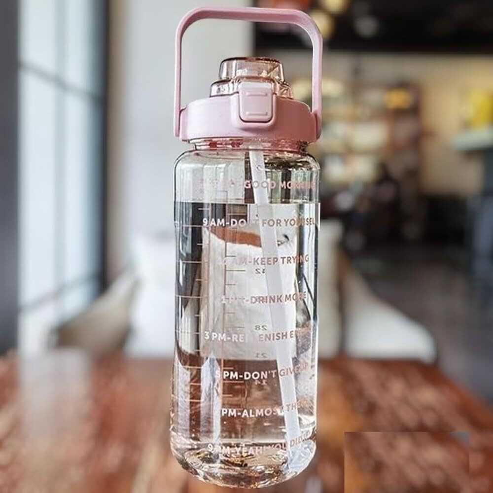 E-Cosmos 2L Capacity Belt Straw Transparent Motivational Water Bottle For Office, School, College & Gym Time Marker Leak Proof & Break-Proof Bpa-Free Sports Bottle, Multicolor