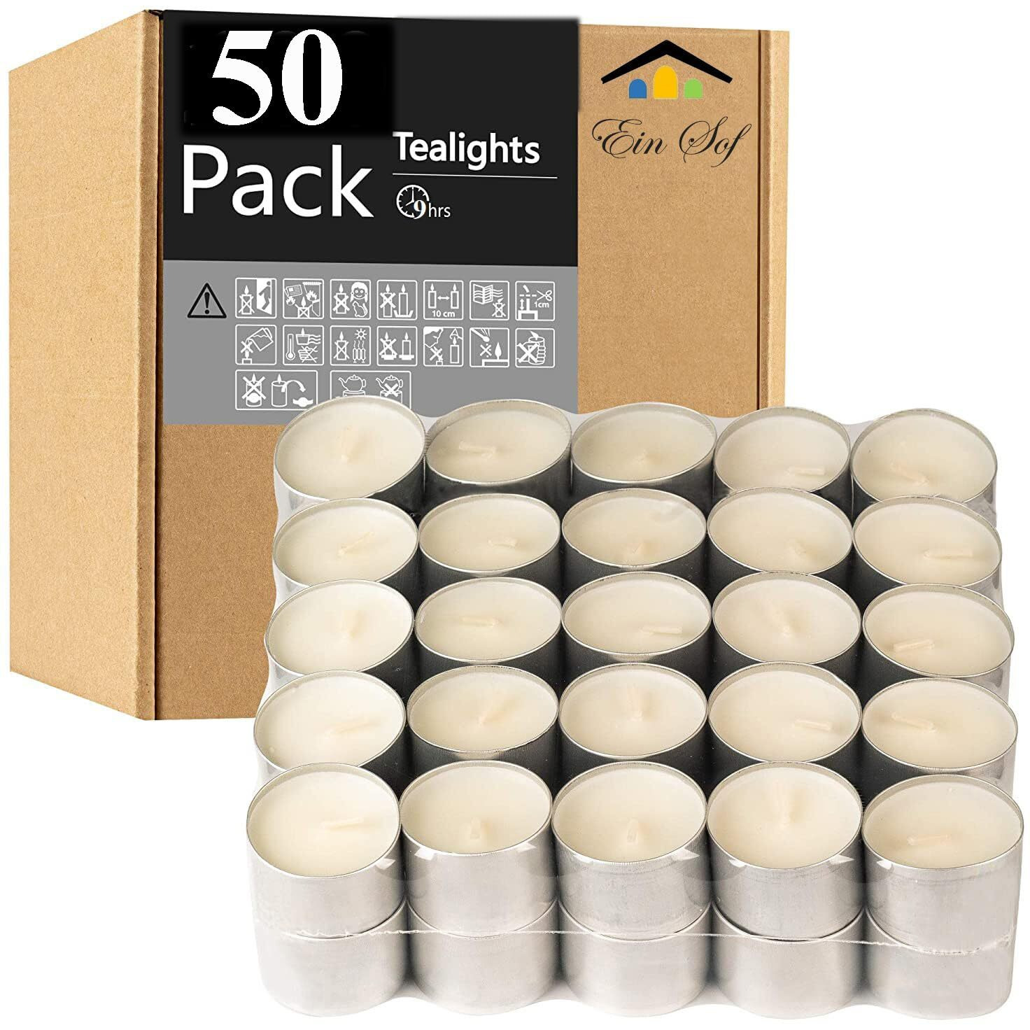Ein Sof Tealight Candles 100% Pure Wax, Unscented, Pack Of 50, Long Burning Tealight, 9 Hours Burn Time, White Unscented Tea Light Candles
