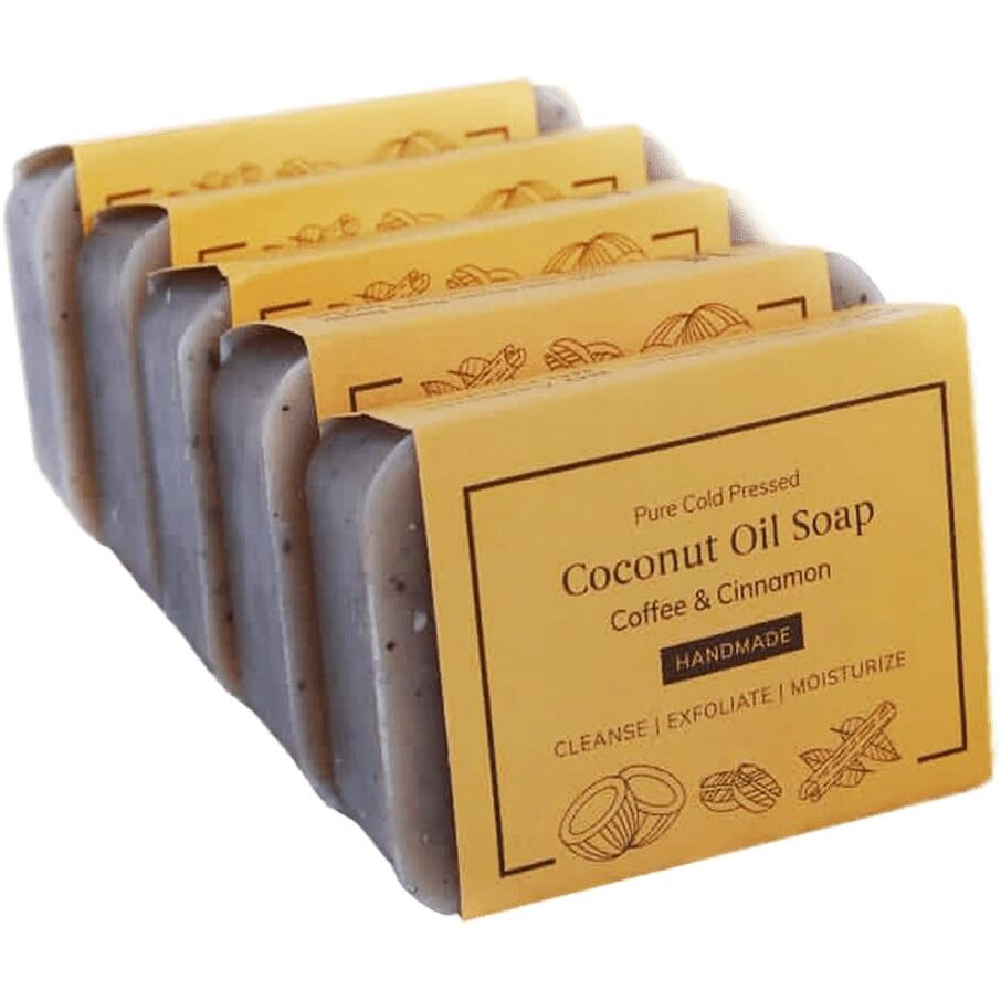 Kaprica Natural Handcrafted Cold Pressed Coconut Oil Soap With Exfoliating Organic Arabica Coffee & Cinnamon Essential Oil (60 X 5  300 G) Pack Of 5