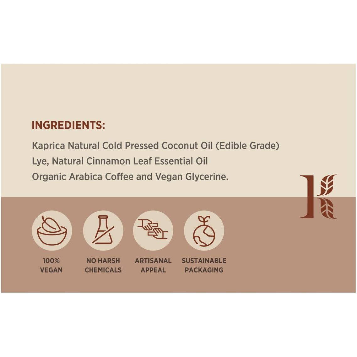 Kaprica Natural Handcrafted Cold Pressed Coconut Oil Soap With Exfoliating Organic Arabica Coffee & Cinnamon Essential Oil (60 X 5  300 G) Pack Of 5
