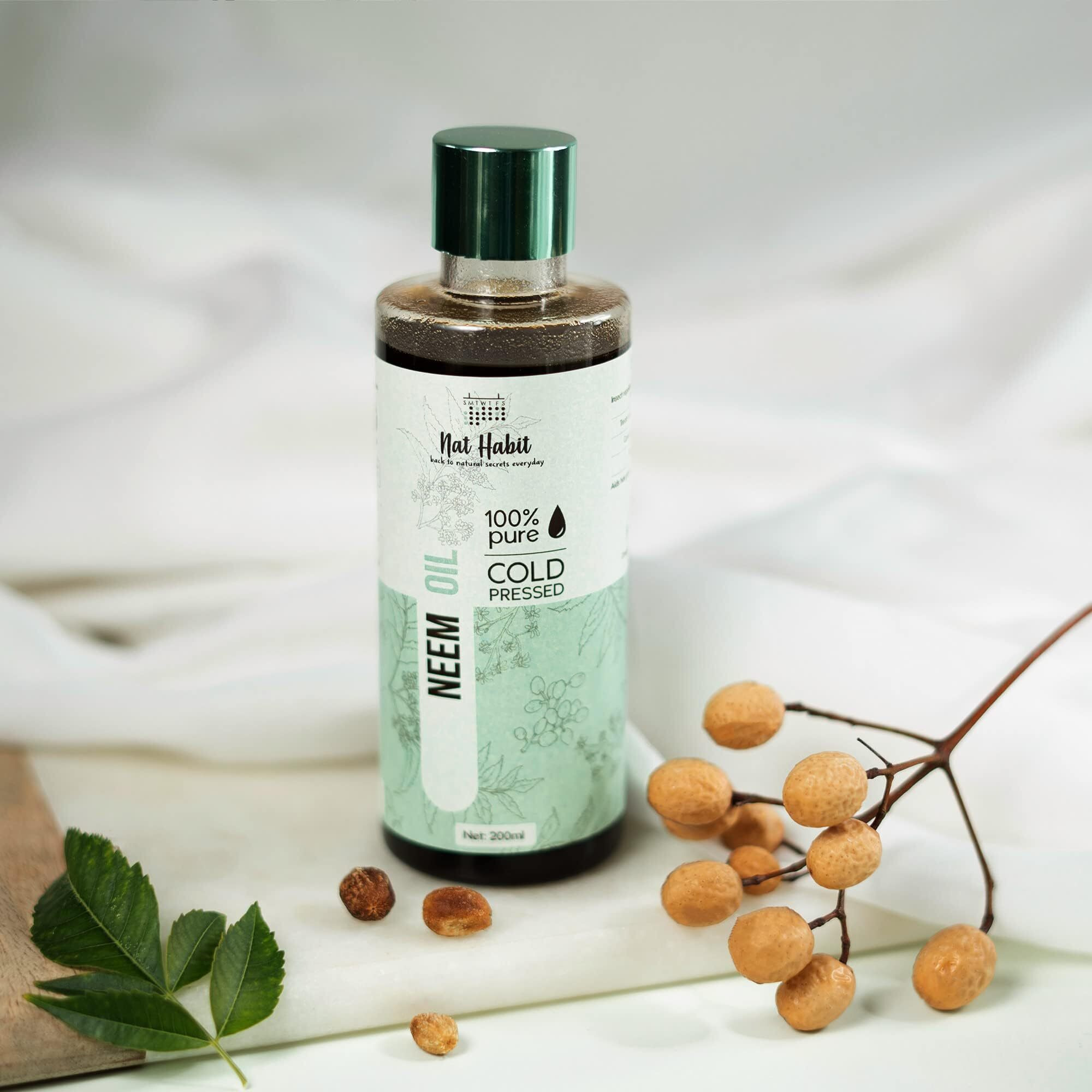 Nat Habit Cold Pressed 100% Pure Neem Oil For Skin & Hair | Fresh From Our Ayurvedic Kitchen, Zero Preservatives | Body Massage Oil, Hair Oil - (200 Ml)