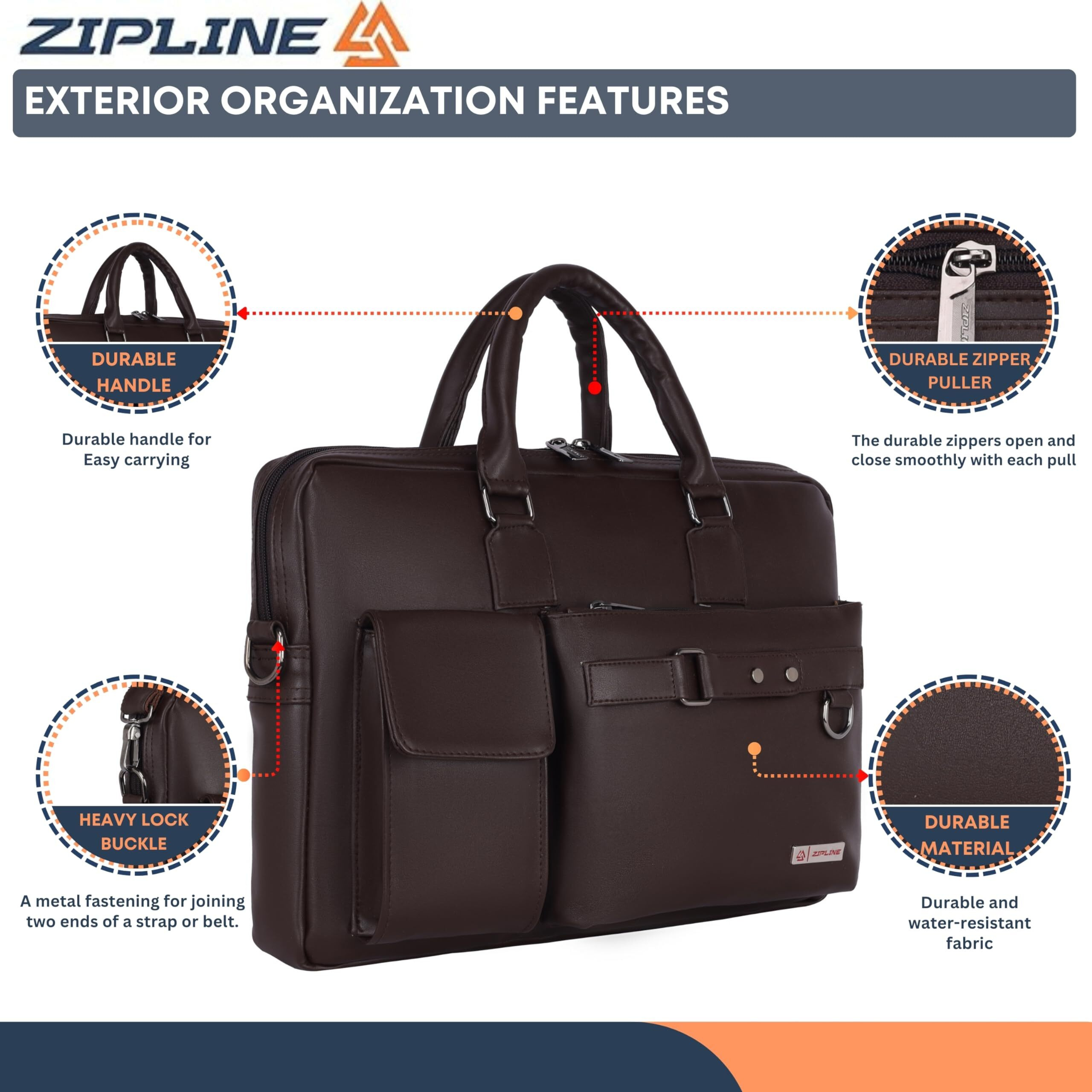 Zipline Office Faux Leather Laptop Bag For Men - Fits 14/15/15.6 Inch Tablet/Laptop Office Bags For Mens (1-Brown Bag)