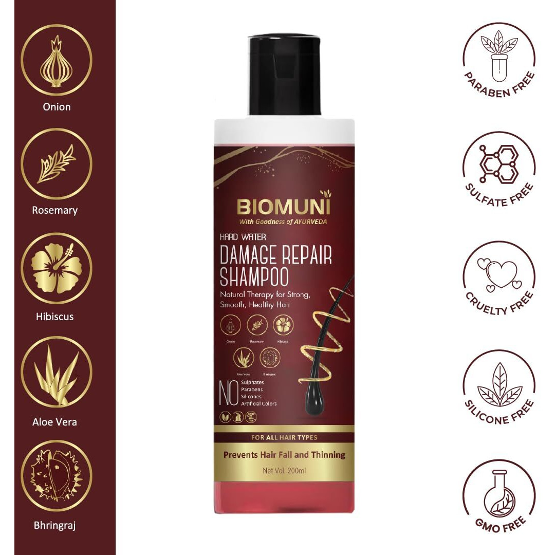 Biomuni Natural And Ayurvedic Hard Water Shampoo (200Ml)|For Hair Growth & Hair Fall Control|Onion Oil, Rosemary Oil, Beetroot, Aloe Vera, Hibiscus, Bhringraj, Peppermint, Vit E For Women, Men & Kids