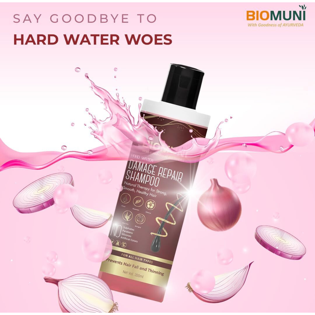 Biomuni Natural And Ayurvedic Hard Water Shampoo (200Ml)|For Hair Growth & Hair Fall Control|Onion Oil, Rosemary Oil, Beetroot, Aloe Vera, Hibiscus, Bhringraj, Peppermint, Vit E For Women, Men & Kids