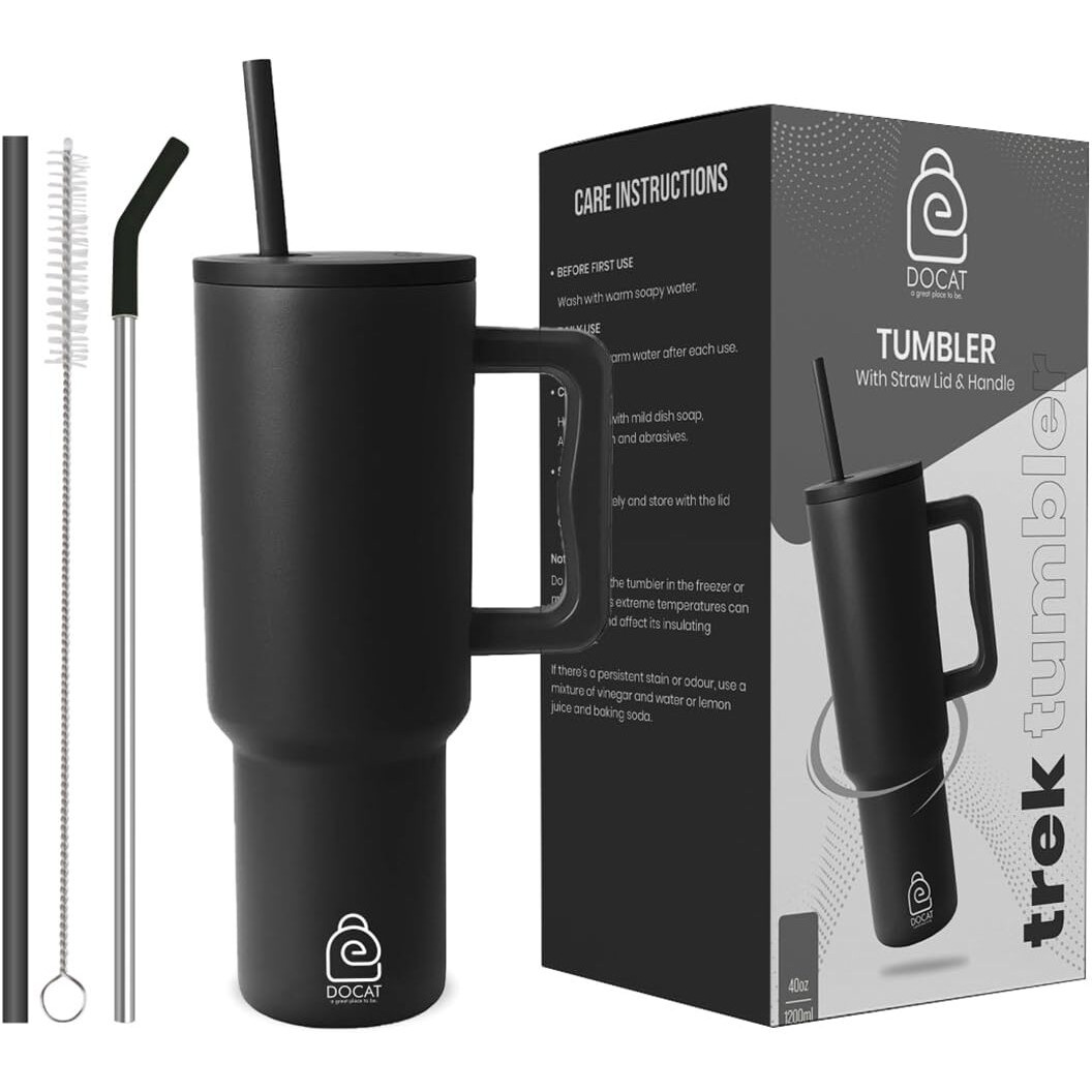 Docat 1200Ml Stainless Steel Tumbler With Lid And Straw, Hot And Cold Double Insulated Sipper Mug, 100% Leak Proof Coffee Tumbler Cupholder For Office, Gym, Travelling (Midnight Black)