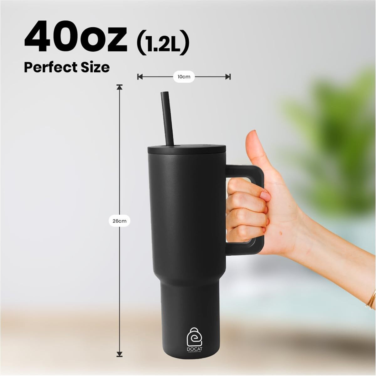 Docat 1200Ml Stainless Steel Tumbler With Lid And Straw, Hot And Cold Double Insulated Sipper Mug, 100% Leak Proof Coffee Tumbler Cupholder For Office, Gym, Travelling (Midnight Black)