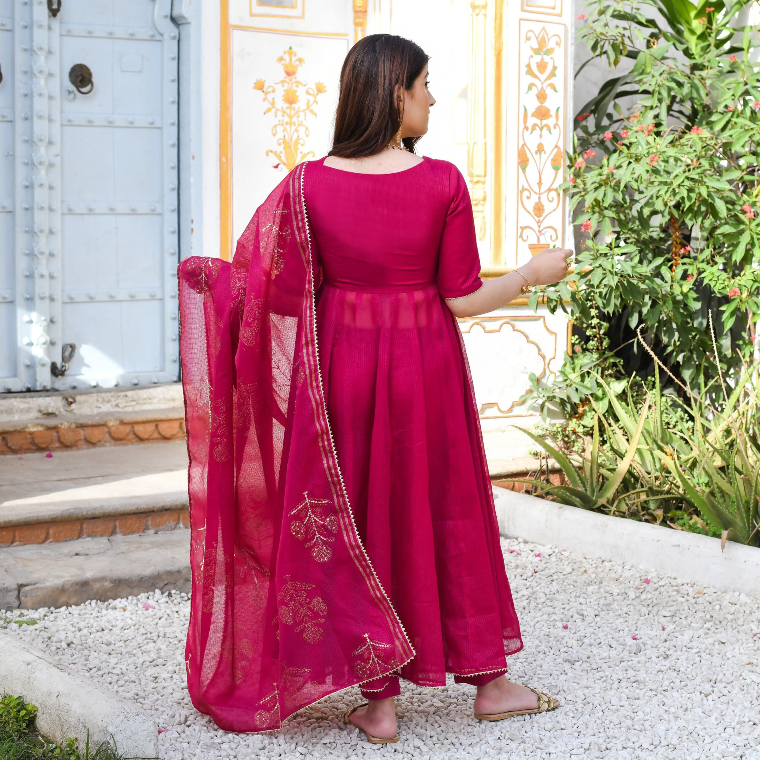 Gosriki Women's Rayon Blend Anarkali Embroidered Kurta With Pant & Dupatta (Aparnaa Pink-Gs_Xl_Pink_X-Large)