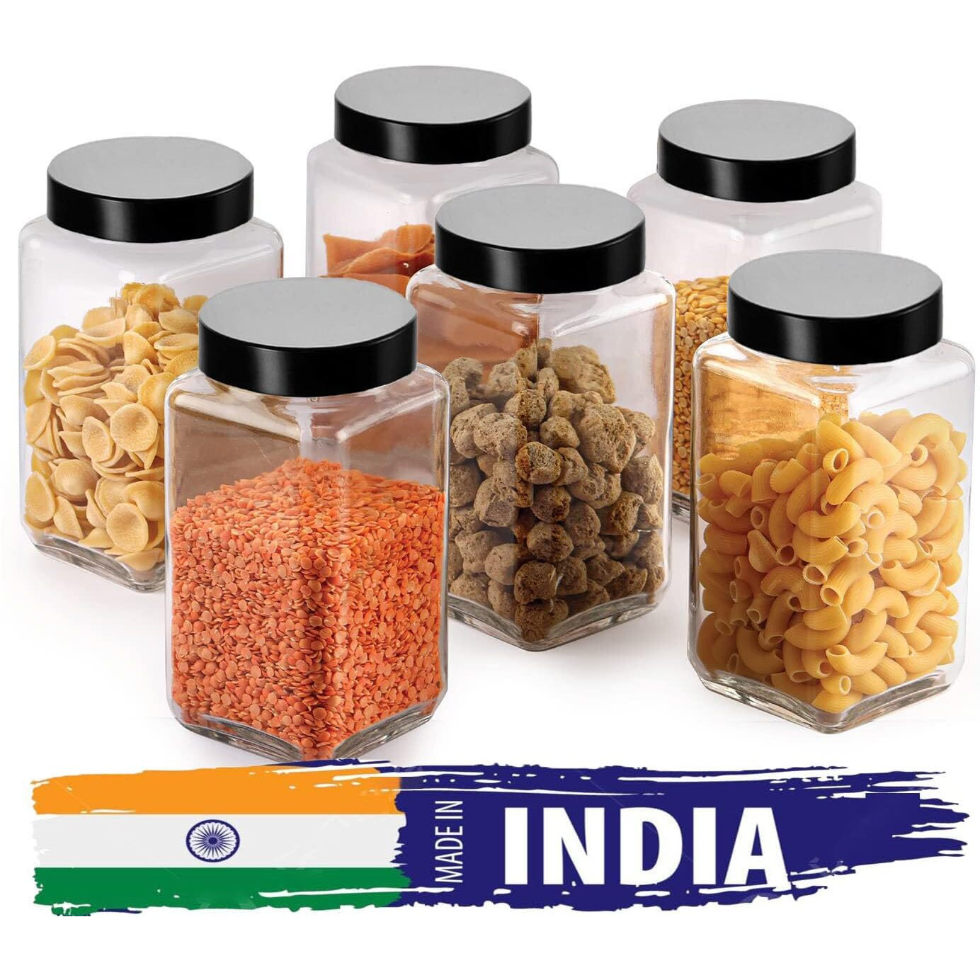 Vency Glass Cubical Square 1000Ml Transparent Glass Jars & Containers For Kitchen Pantry, Snacks, Masala, Pickles, Cookies, Dry Fruits, Coffee Storage With Black Plastic Lid (1000Ml, Set Of 6)