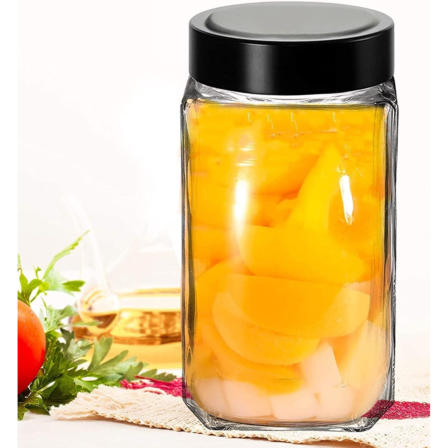 Vency Glass Cubical Square 1000Ml Transparent Glass Jars & Containers For Kitchen Pantry, Snacks, Masala, Pickles, Cookies, Dry Fruits, Coffee Storage With Black Plastic Lid (1000Ml, Set Of 6)