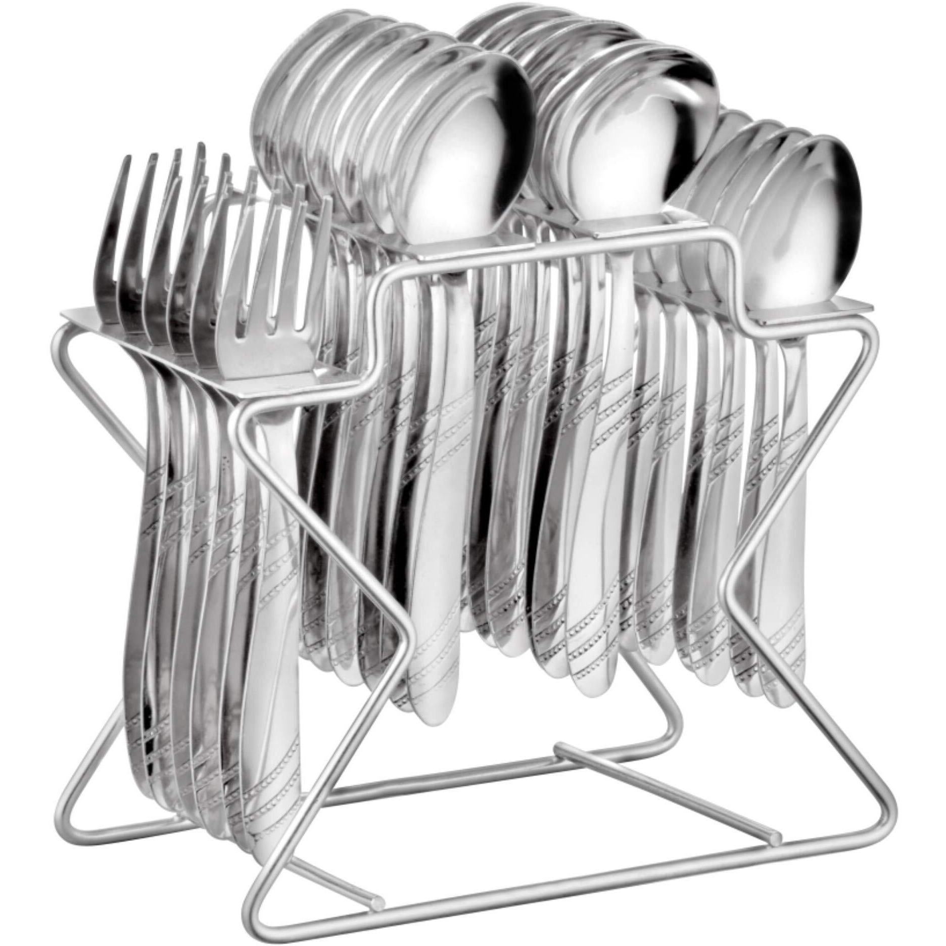 Parage Miracle Stainless Steel Cutlery Set Of 25, Contains, Dinner Spoons Set Of 6, Tea Spoon Set Of 6, 6 Fork, 6 Soup Spoons, 1 Stylish Stand, Elegant Cutlery Set For Dining Table, Mirror Polished