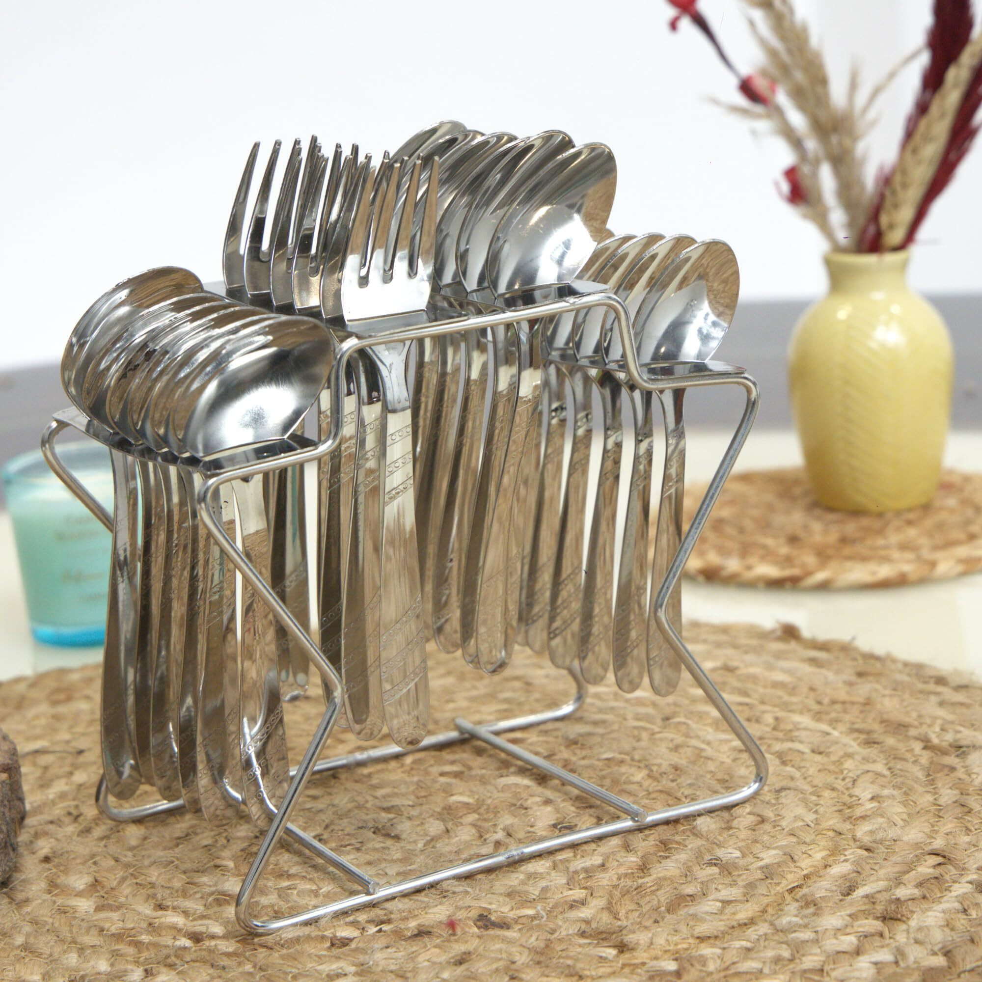 Parage Miracle Stainless Steel Cutlery Set Of 25, Contains, Dinner Spoons Set Of 6, Tea Spoon Set Of 6, 6 Fork, 6 Soup Spoons, 1 Stylish Stand, Elegant Cutlery Set For Dining Table, Mirror Polished