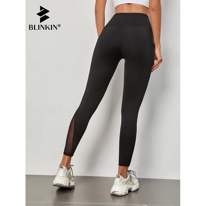 Blinkin Gym Wear Mesh Leggings Workout Pants With Side Pockets/Stretchable Tights/Highwaist Sports Fitness Yoga Track Pants For Women & Girls_2012 (Color_Black,Size_Xl)