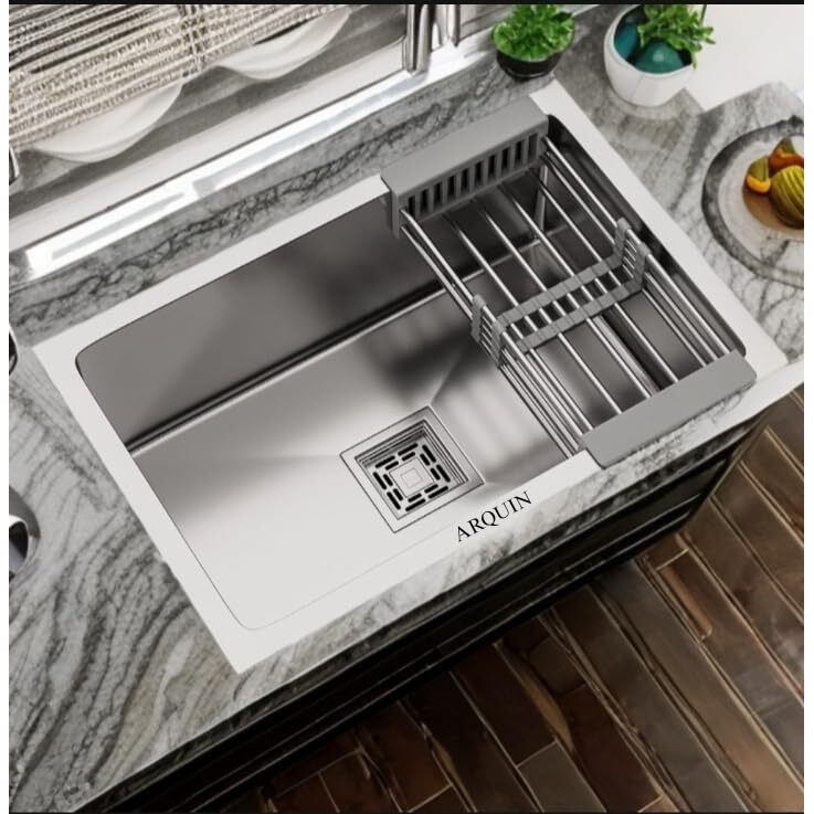 Arquin 24 X 18 X 10 Inches Handmade Matt Finish Single Bowl 304 Grade Stainless Steel Kitchen Sink/Basin For Kitchen With Square Drainer & Fruit Basket