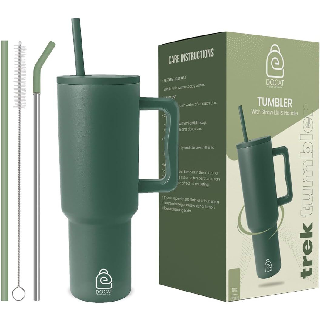 Docat 1200Ml Stainless Steel Tumbler With Lid And Straw, Hot And Cold Double Insulated Sipper Mug, 100% Leak Proof Coffee Tumbler Cupholder For Office, Gym, Travelling (Hunter Green)
