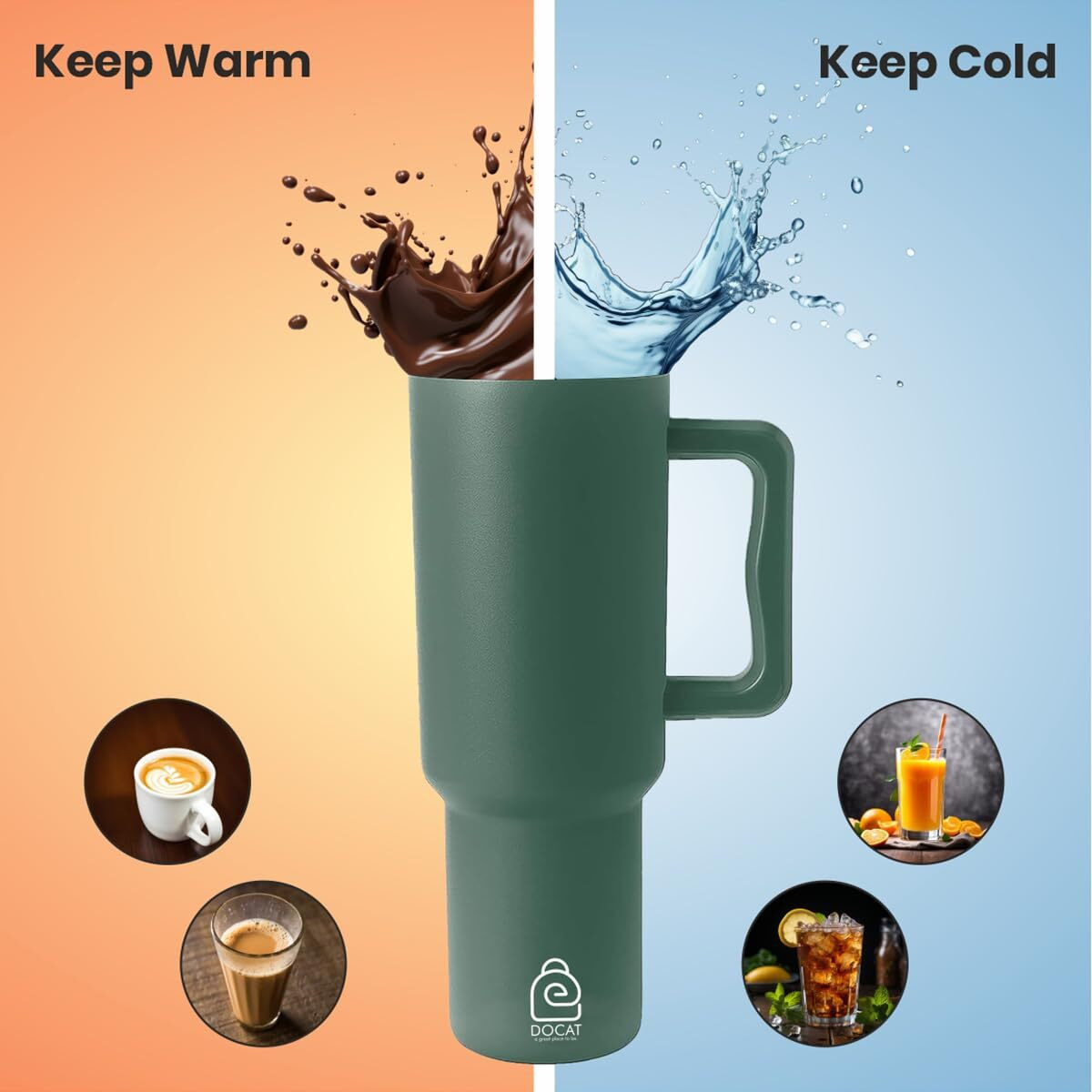 Docat 1200Ml Stainless Steel Tumbler With Lid And Straw, Hot And Cold Double Insulated Sipper Mug, 100% Leak Proof Coffee Tumbler Cupholder For Office, Gym, Travelling (Hunter Green)