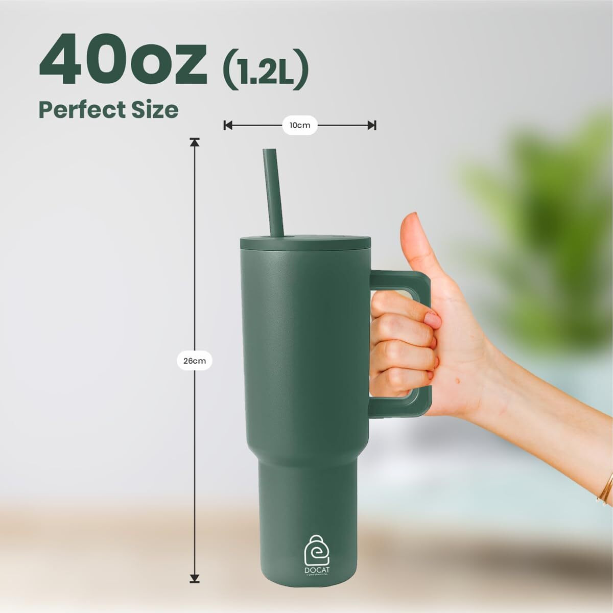 Docat 1200Ml Stainless Steel Tumbler With Lid And Straw, Hot And Cold Double Insulated Sipper Mug, 100% Leak Proof Coffee Tumbler Cupholder For Office, Gym, Travelling (Hunter Green)