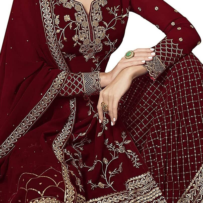 Miss Ethnik Women's Maroon Faux Georgette Semi Stitched Top With Stitched Bottom And Dupatta Embroidered Straight Kurta Dress Material (Kurta Palazzo Set) (Me-1033-M)